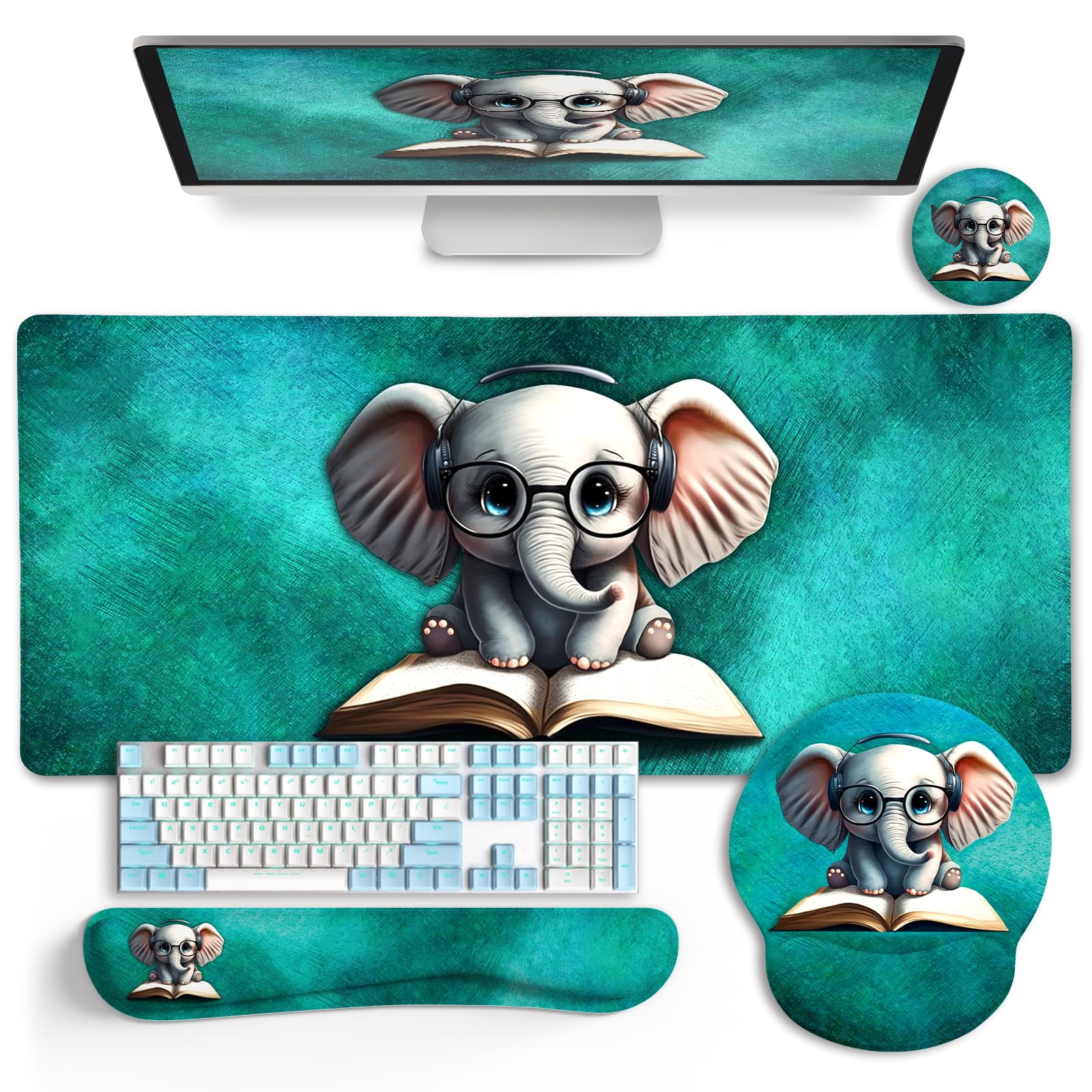 LIMKRIAN Large Desk Mat Set, Mouse Pad with Wrist Rest, Cute Elephant
