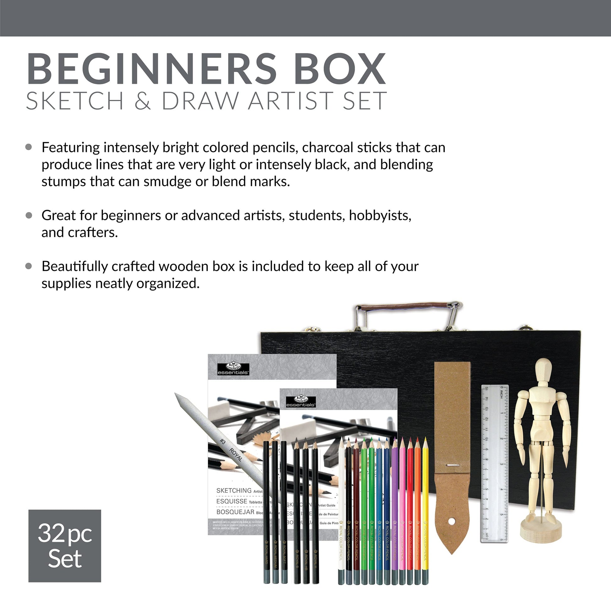 Royal Brush Essentials Art Sketching and Drawing Artist Set for Beginners, Multicolor, 32 Pieces (1
