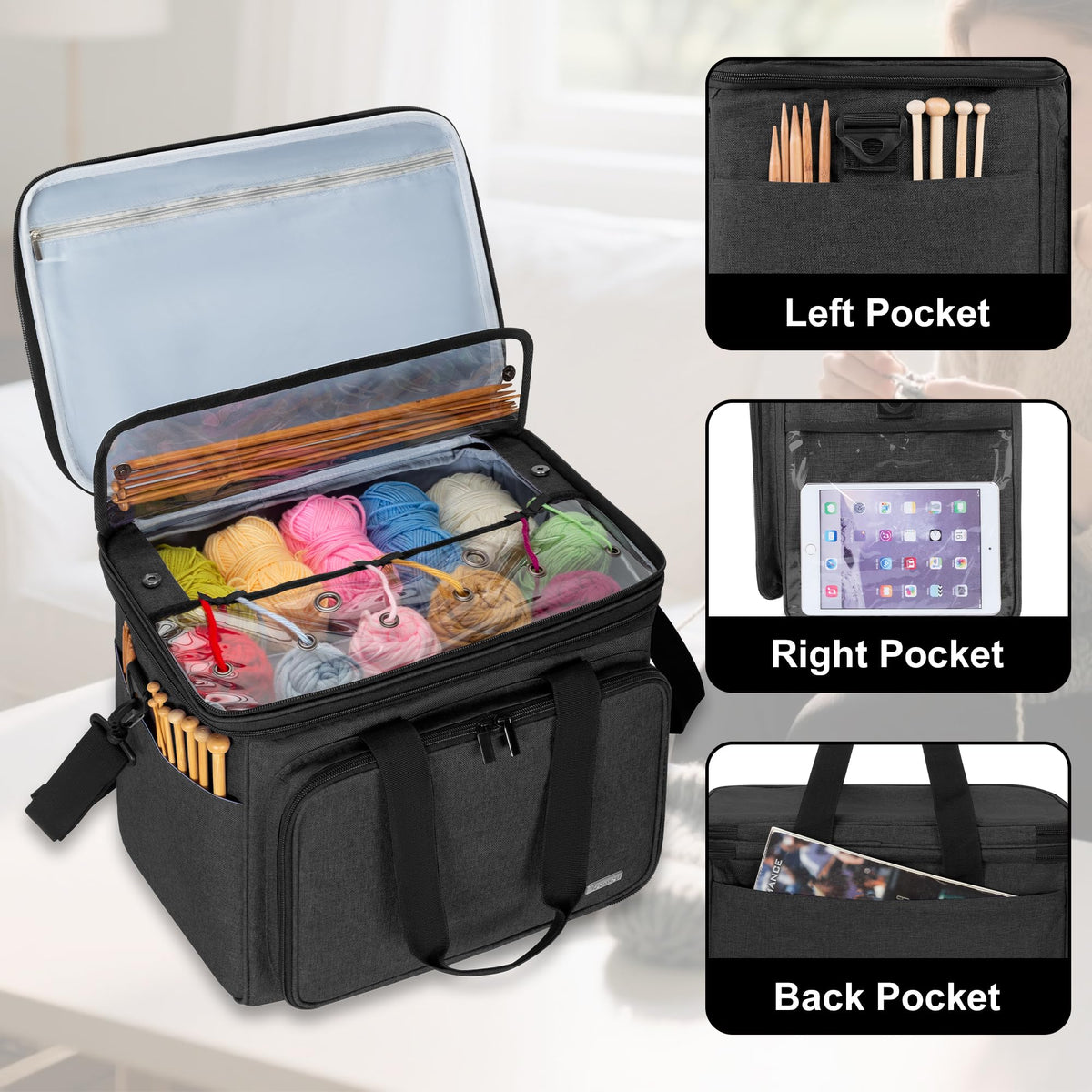 Teamoy Crochet Bag, Knitting Bag Yarn Storage Tote, Yarn Organizer, Black