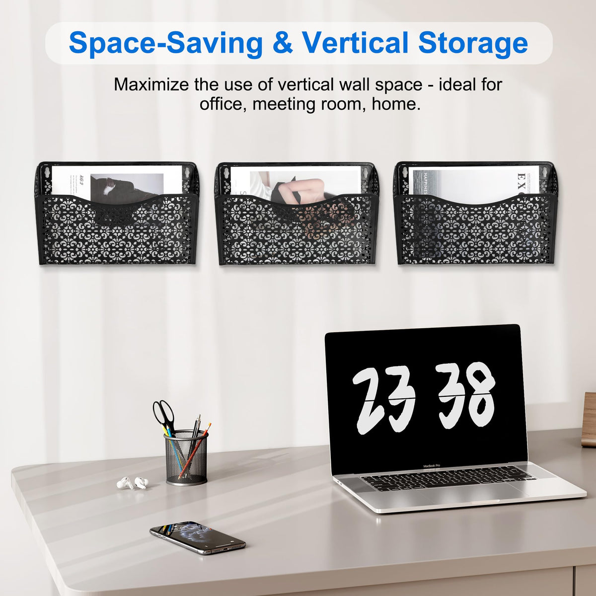 EasyPAG 3 Pack Hollow Design Wall-Mounted File Organizer - Heavy Duty Metal, Vertical Space Saving