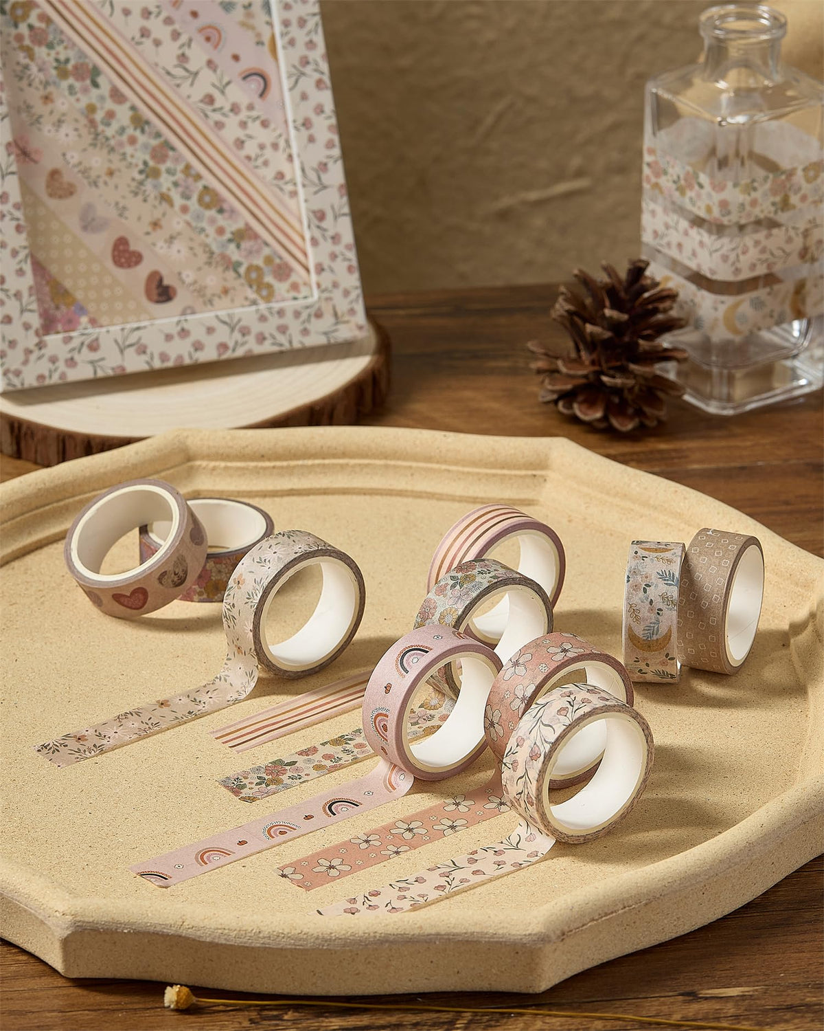 YUBX Boho Washi Tape Set 10 Rolls Cute Masking Graphic Floral Pattern Decorative Tapes for Arts