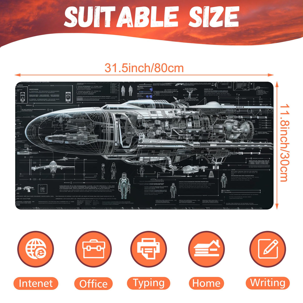 KOAIWPAE Large Gaming Mouse Pad for Desk, Spaceship Detailed Blueprint Desk Mat, Spacecraft