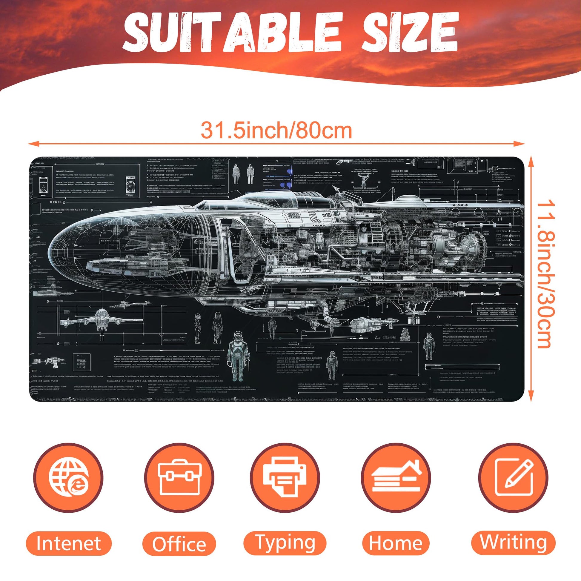 KOAIWPAE Large Gaming Mouse Pad for Desk, Spaceship Detailed Blueprint Desk Mat, Spacecraft