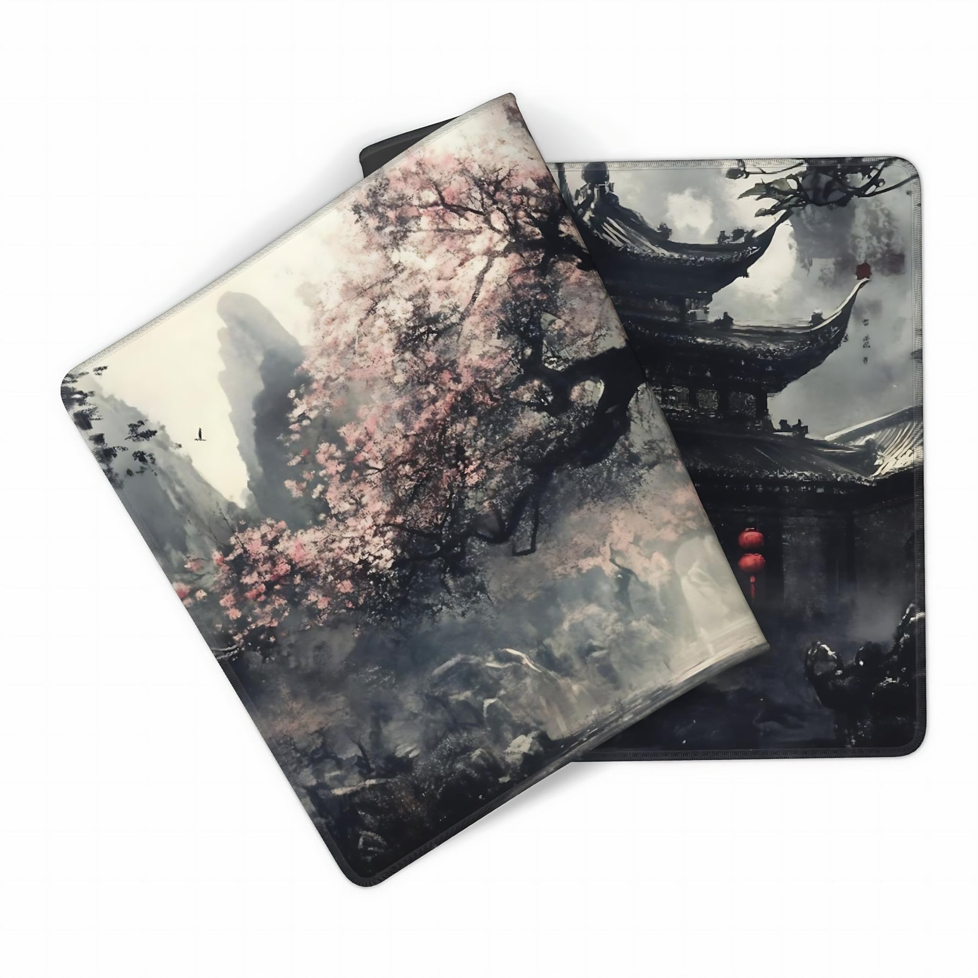 Aesthetic Scenery Gaming Mouse Pad, Black White Japanese Desk Mat with Anti-Slip Base & Stitched