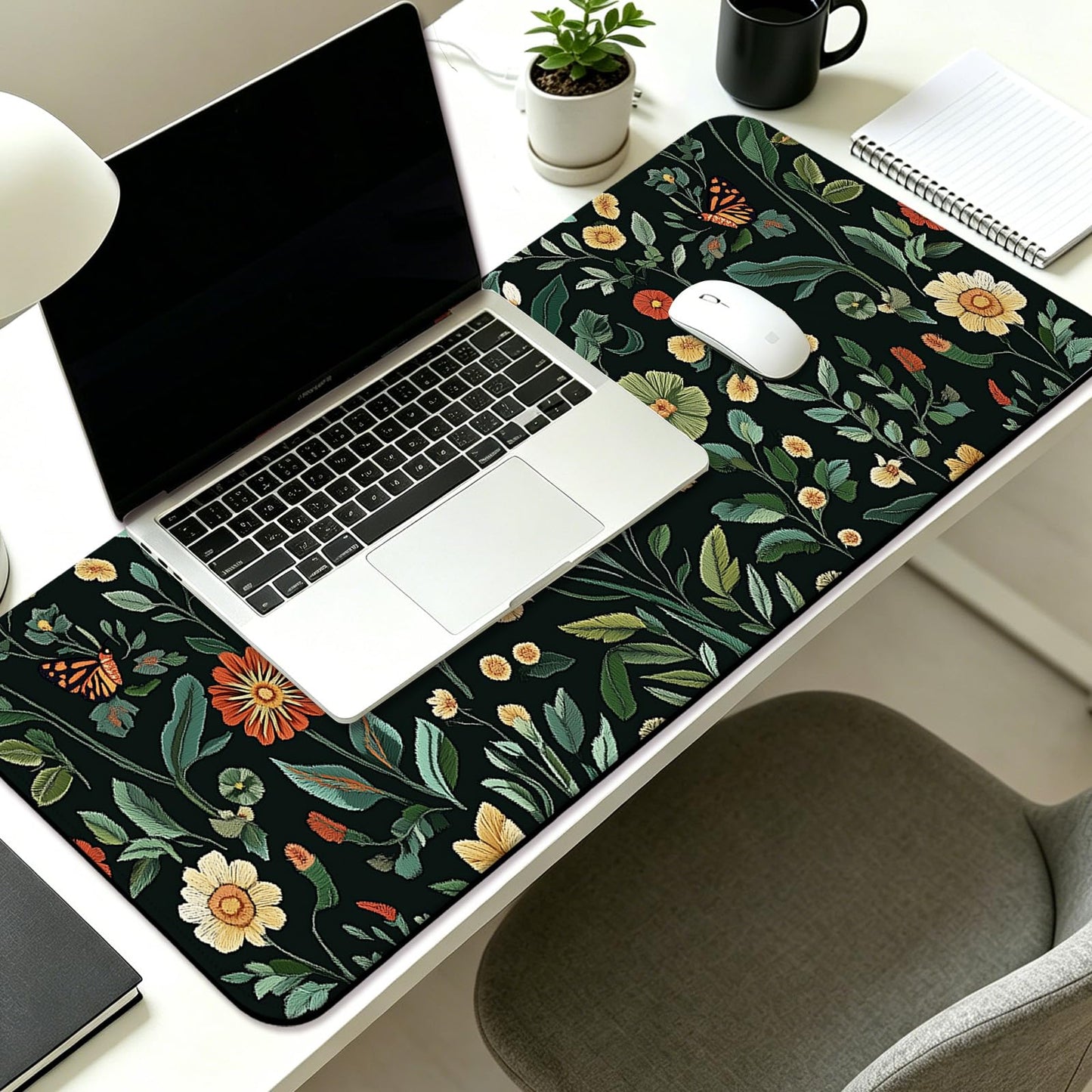 Floral Gaming Desk Mat, Computer Keyboard Large Extended Long Flower Plants Mouse Pad for Office