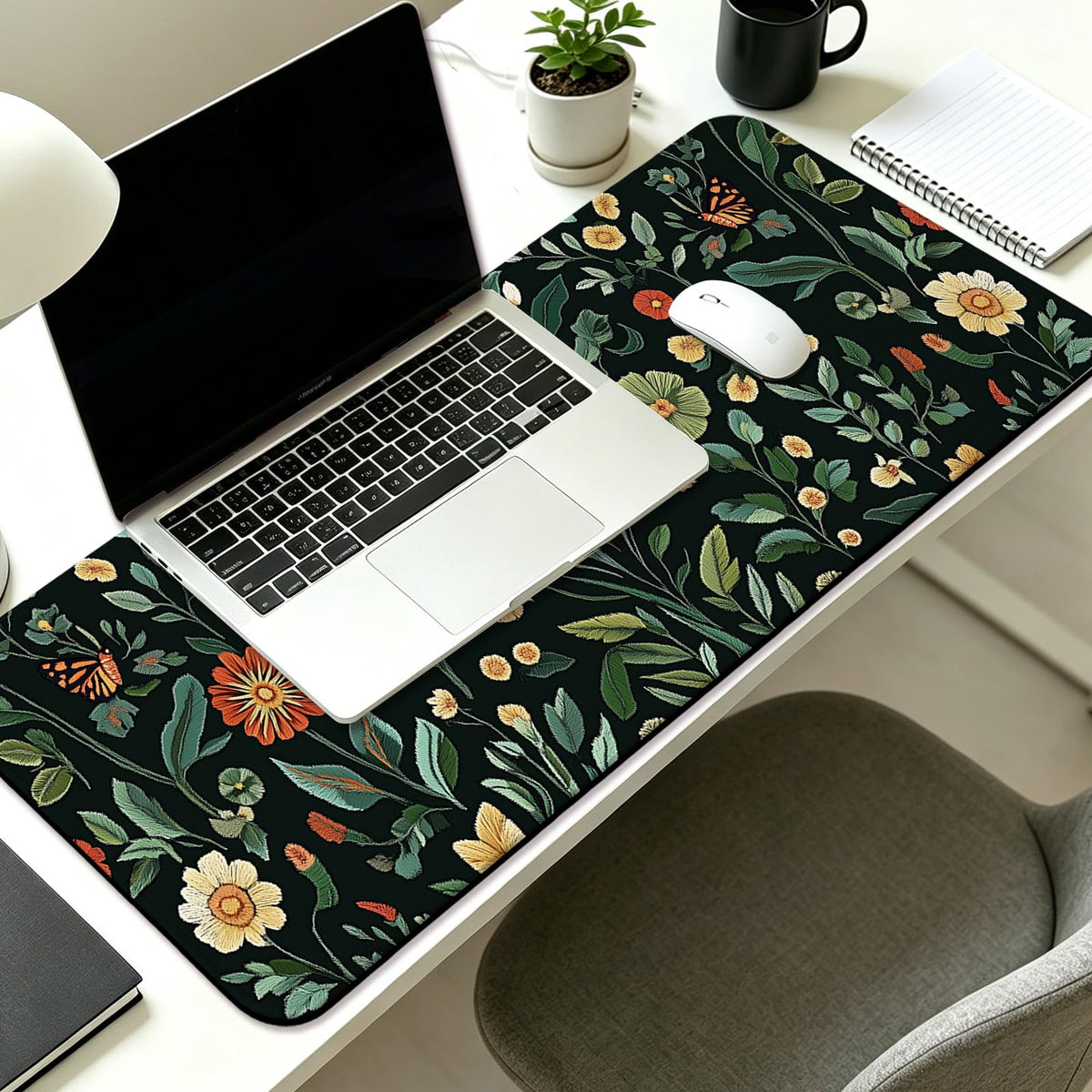 Floral Gaming Desk Mat, Computer Keyboard Large Extended Long Flower Plants Mouse Pad for Office
