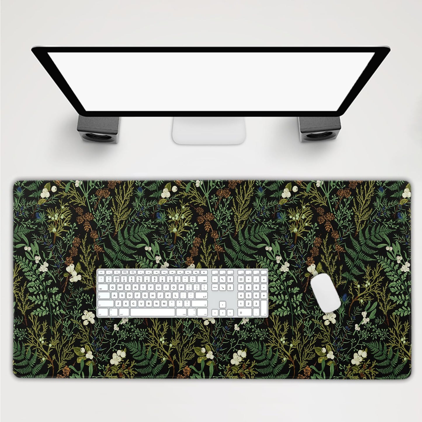 Black Aesthetic Vintage Botanical Gaming Mouse Pad Extended Cute Forest Green Plant Nature Floral