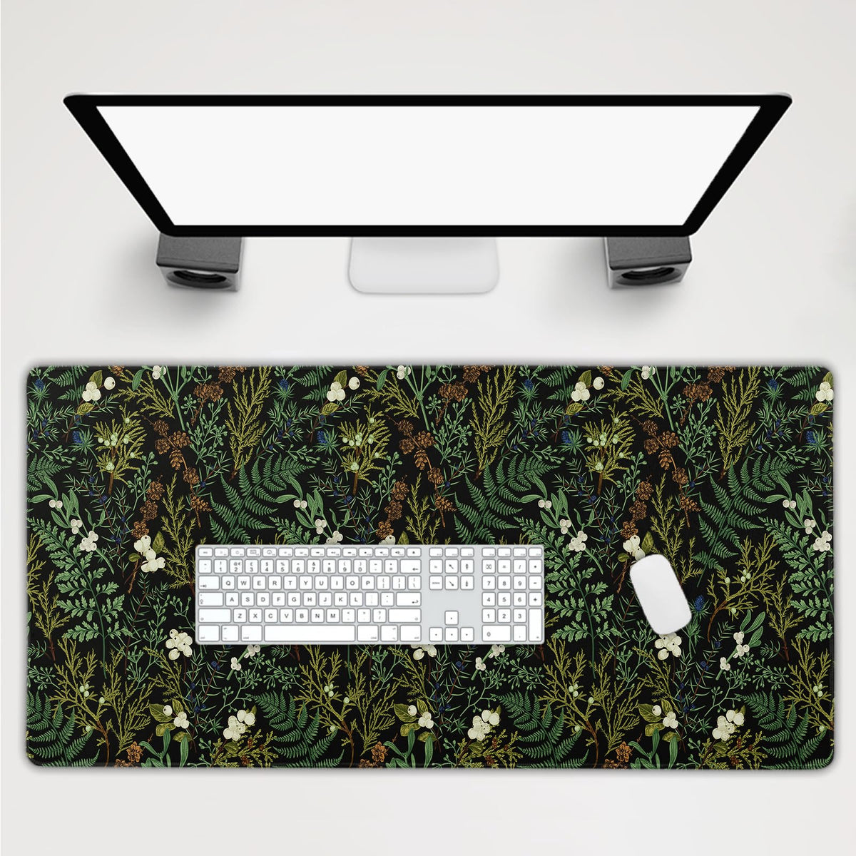 Black Aesthetic Vintage Botanical Gaming Mouse Pad Extended Cute Forest Green Plant Nature Floral