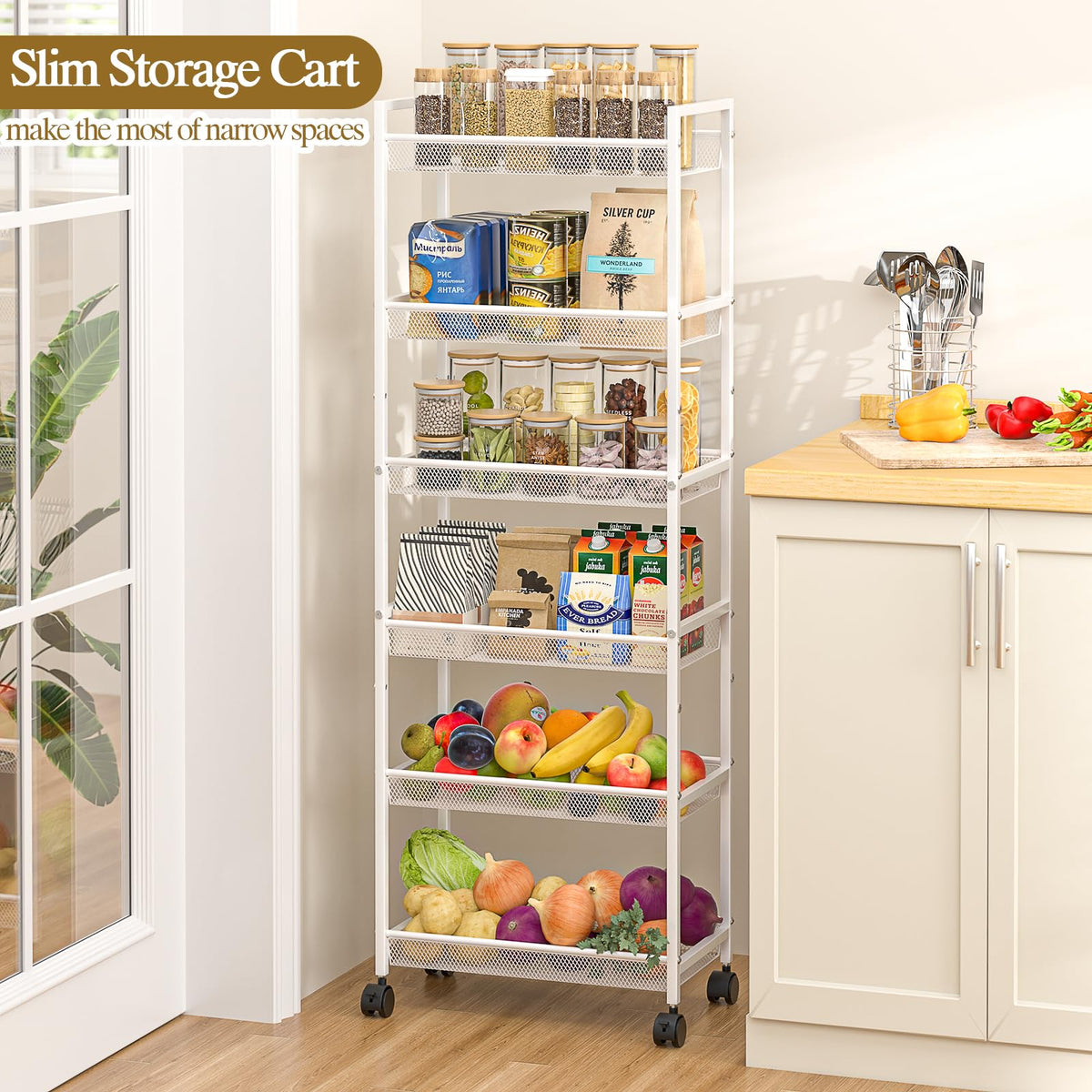 6 Tier Slim Rolling Storage Cart, Narrow Mobile Shelving Unit Organizer Utility Cart with Wheels