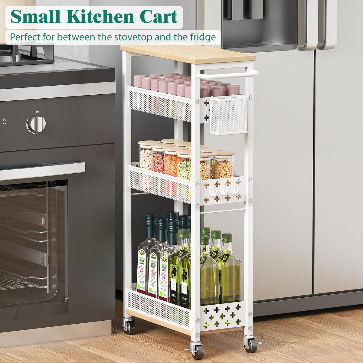 XYZLVSI Slim Rolling Storage Cart, 4 Tier Narrow Shelf for Small Spaces