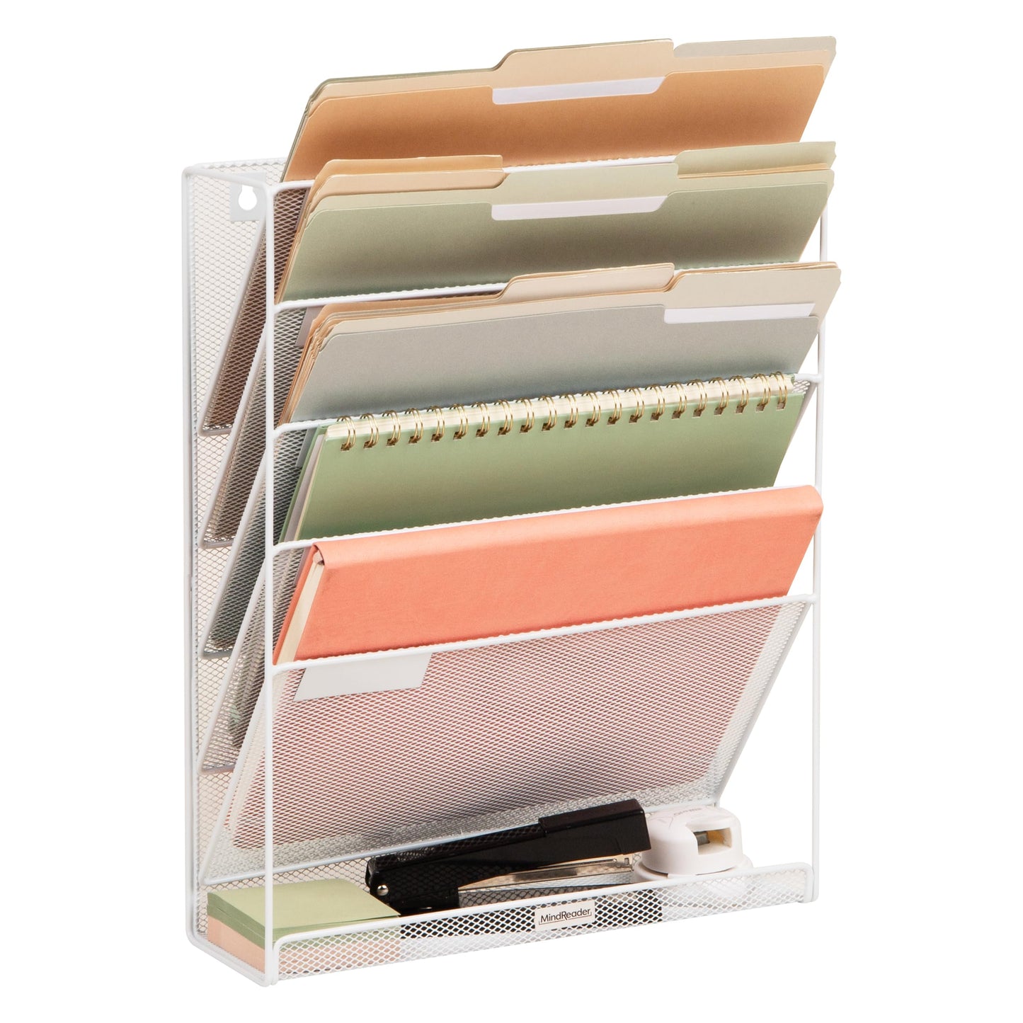 Mind Reader 5-Pocket Vertical File Storage, Desktop Organizer, Wall Mount, Office, Metal Mesh,White