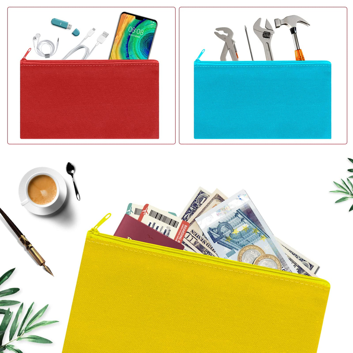 Sinzip 12 Pieces Cotton Canvas Makeup Bag, Multipurpose Cosmetic Bag with Zipper Travel Toiletry