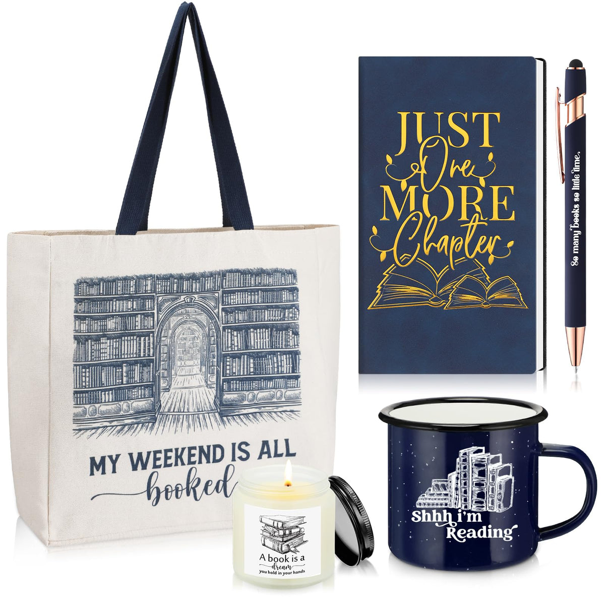 Jetec 5 Piece Book Lovers Set, Canvas Tote Bag Notebook, Candle, Blue