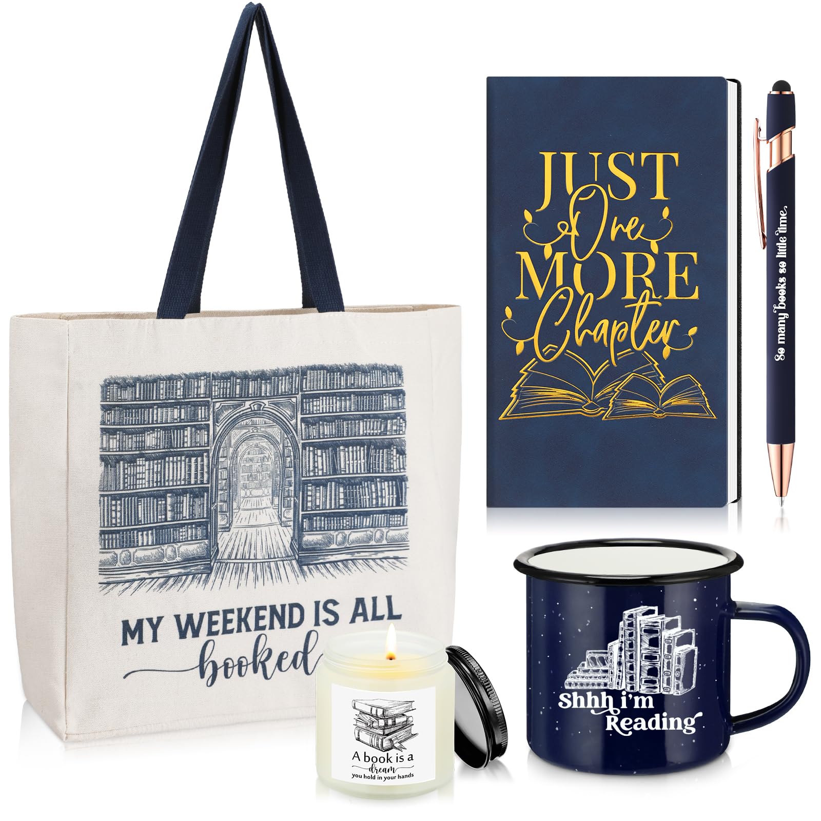 Jetec 5 Piece Book Lovers Set, Canvas Tote Bag Notebook, Candle, Blue