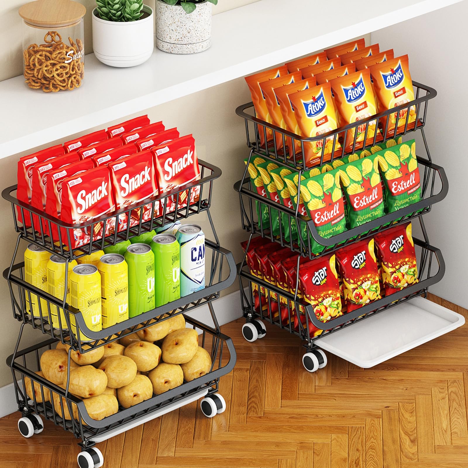 Miyawell 3-Tier Rolling Pantry Cart with Wheels, Stackable Wire Storage Floor Organizer for Kitchen