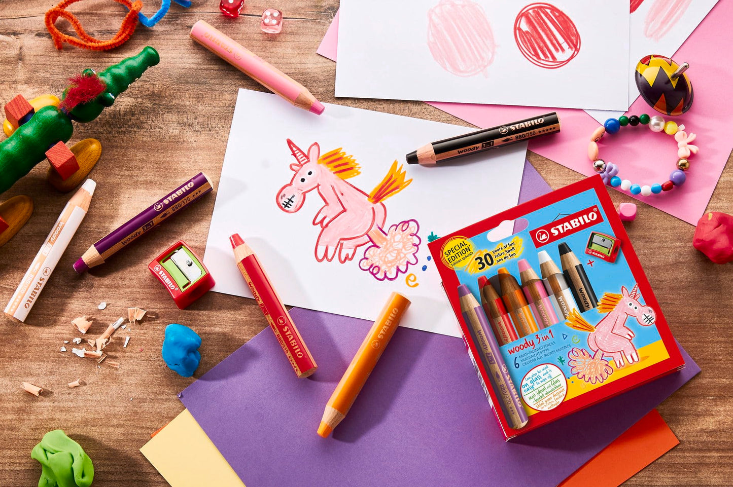 STABILO woody 3-in-1 - Multi-Talented Pencil - Pack of 6 - Birthday Edition - Unicorn - Assorted