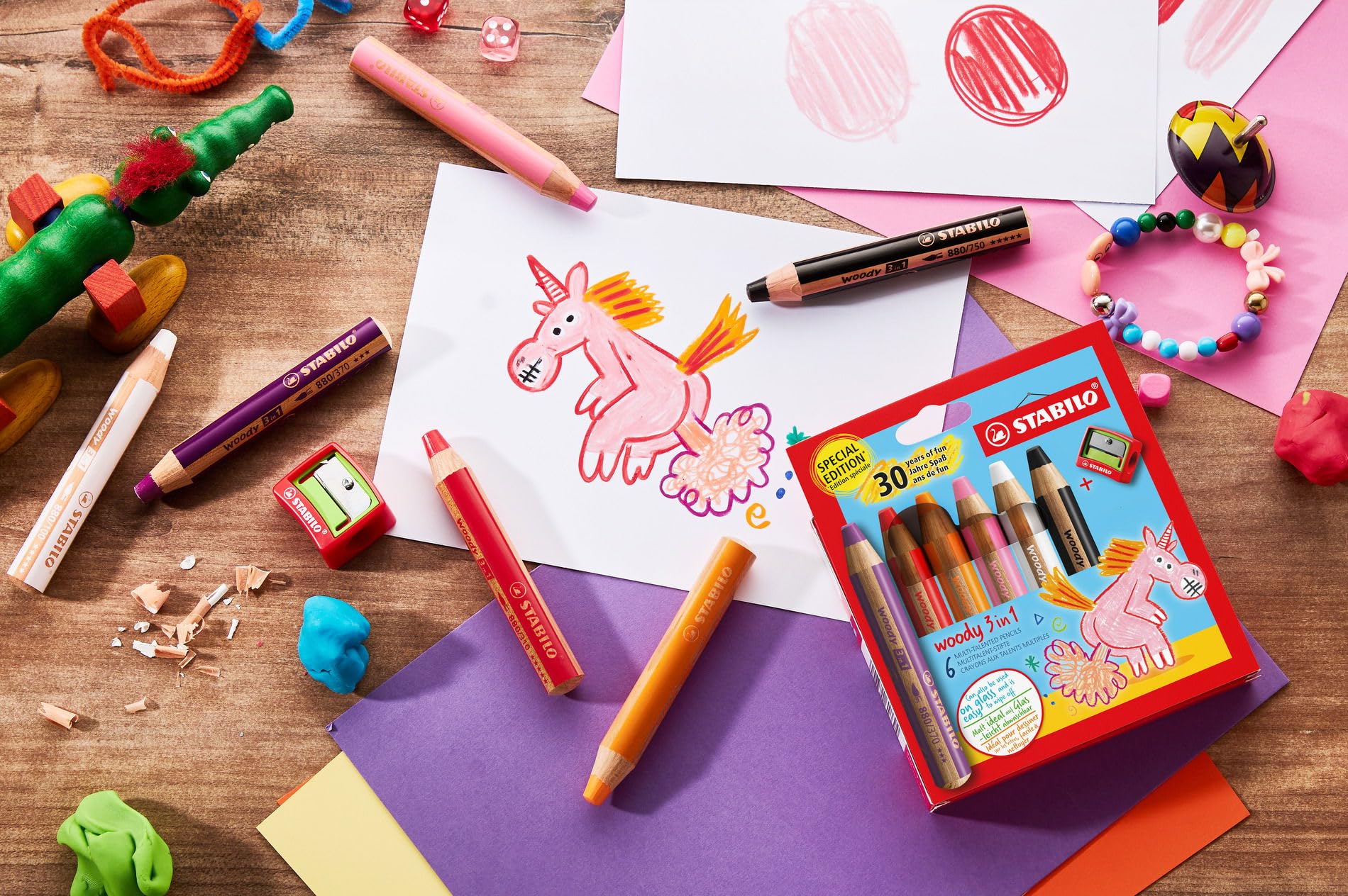 STABILO woody 3-in-1 - Multi-Talented Pencil - Pack of 6 - Birthday Edition - Unicorn - Assorted