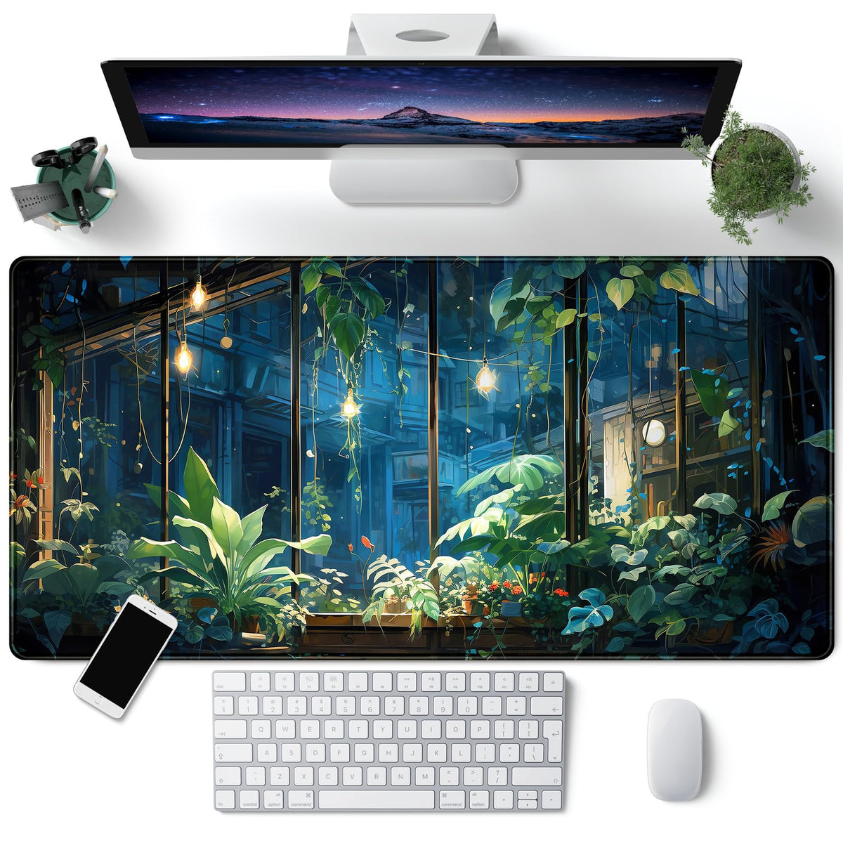Plant Desk Mat Green Big Mouse Pad Large Gaming Mousepad Extended Keyboard Pad City View Aesthetic