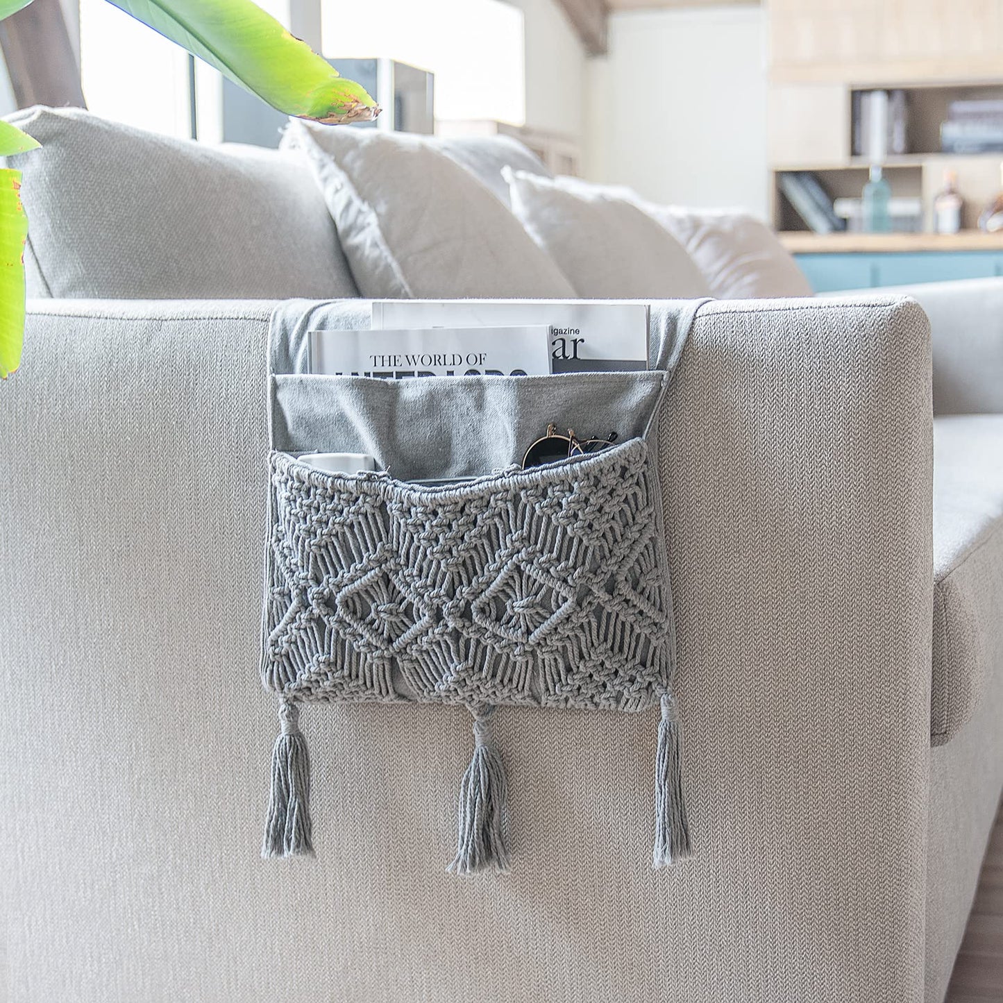 Mkono Macrame Armchair Caddy, Boho Couch Armrest Organizer, 4 Pockets Grey