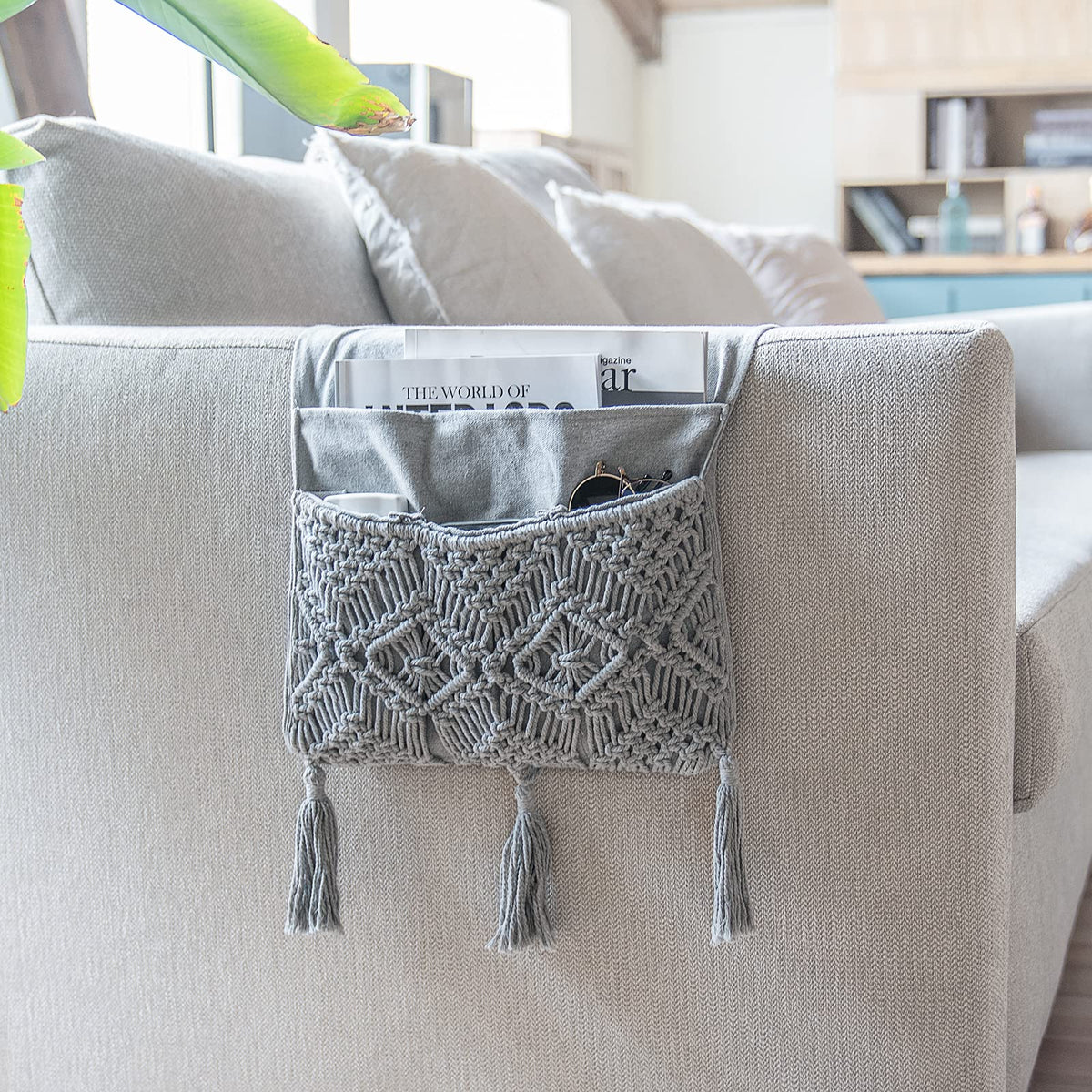 Mkono Macrame Armchair Caddy, Boho Couch Armrest Organizer, 4 Pockets Grey