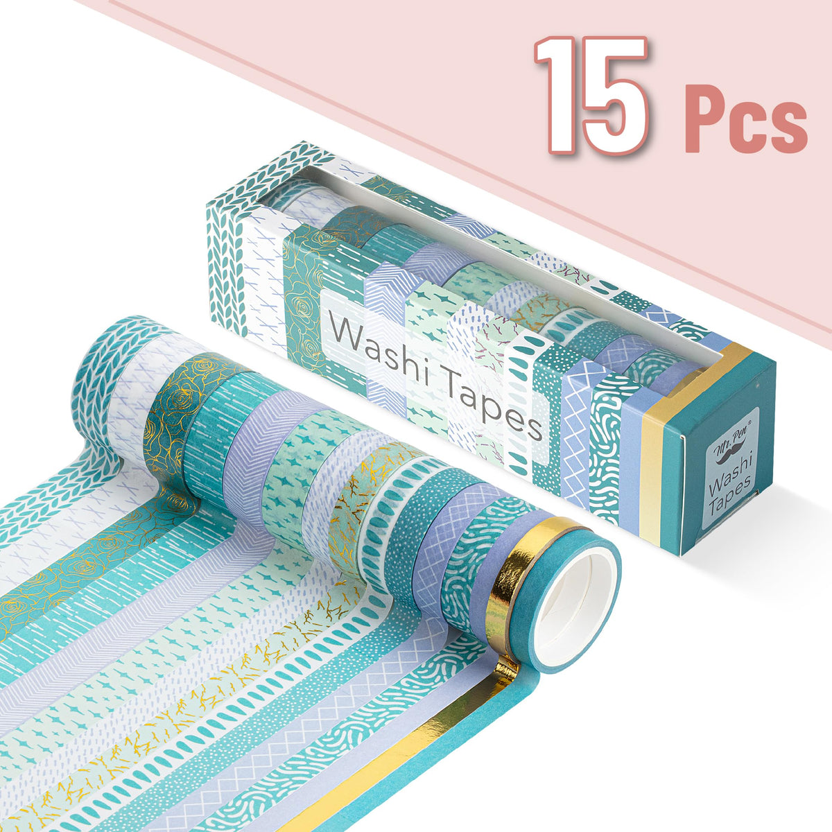 Mr. Pen- Washi Tape Set, 15 Rolls, Assorted Sizes, 5 Yards/Roll