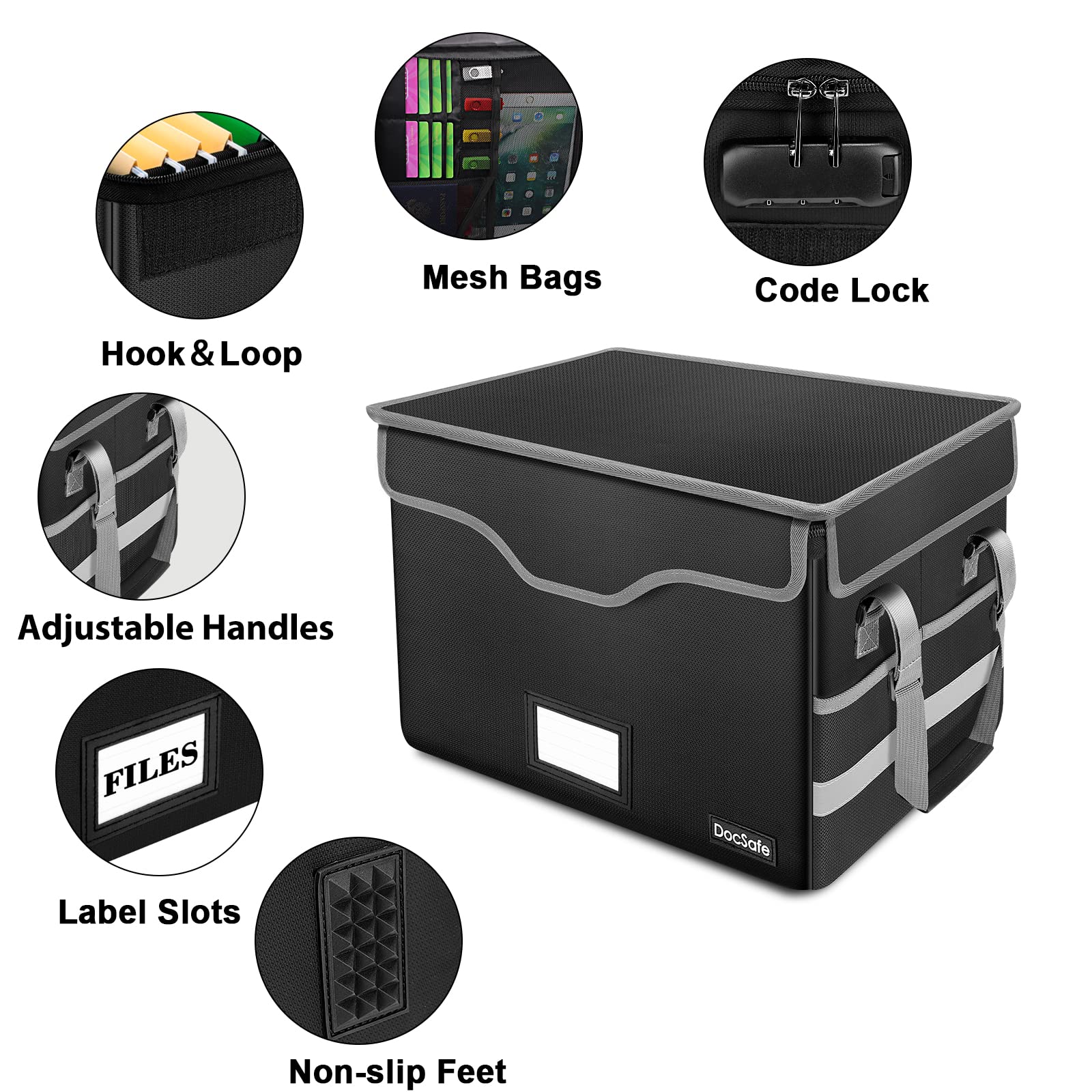 DocSafe Fireproof Document Box with Lock,File Storage Organizer with Pockets,Collapsible Portable