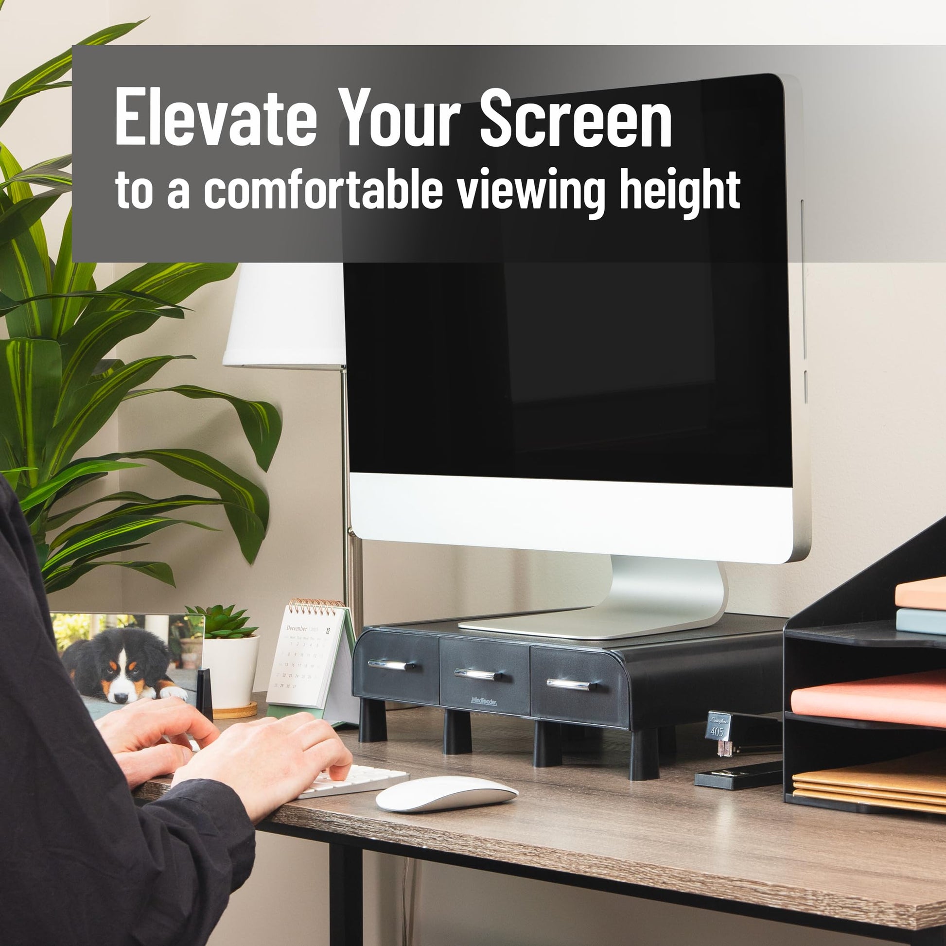 Mind Reader Monitor Stand, 3 Storage Drawers, Desktop Organizer, Riser, Office, 13.5"L x 13"W x