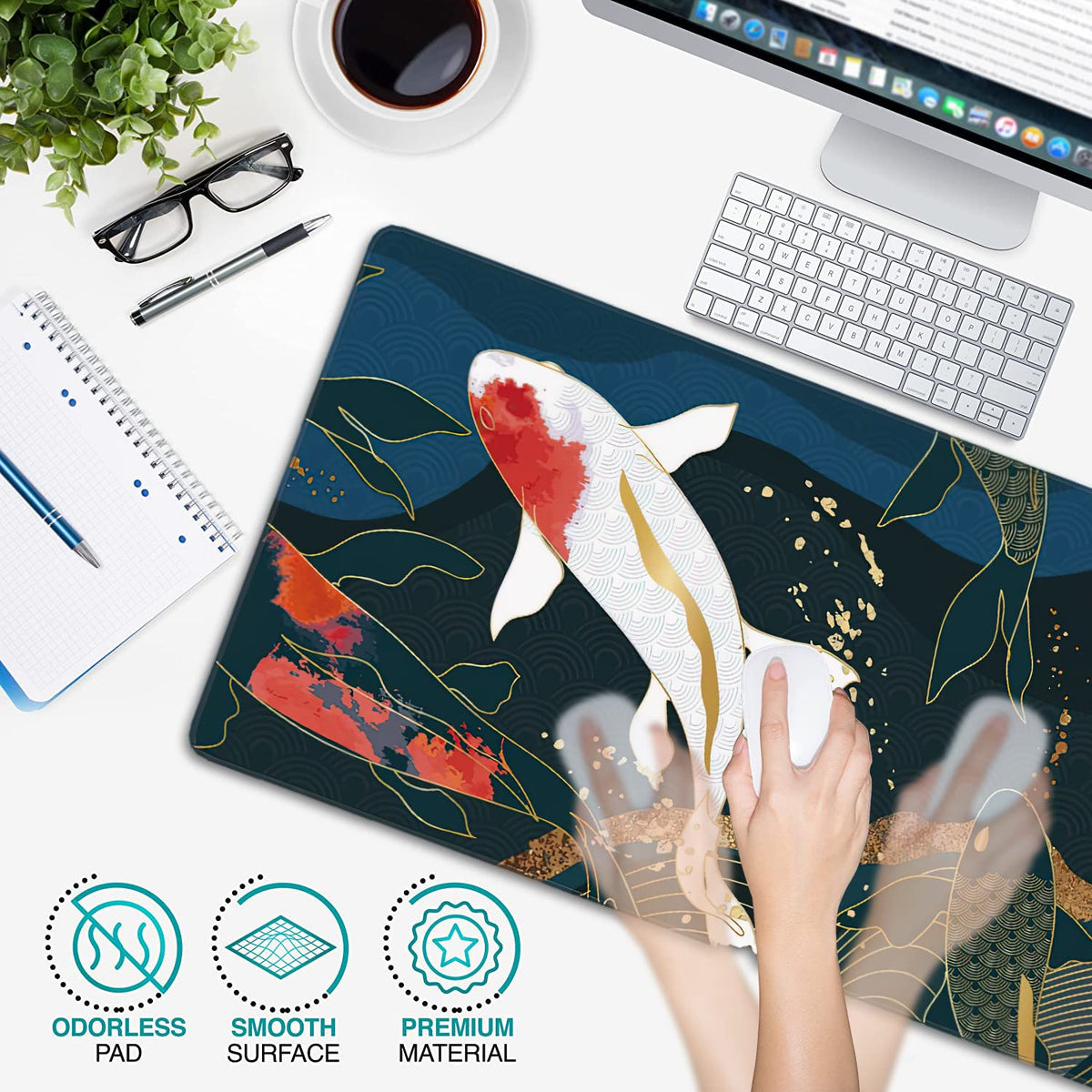 Watercolor Japanese Koi Fish Extended Gaming Mouse Pad Large Desk Mat with Non-Slip Rubber Base and