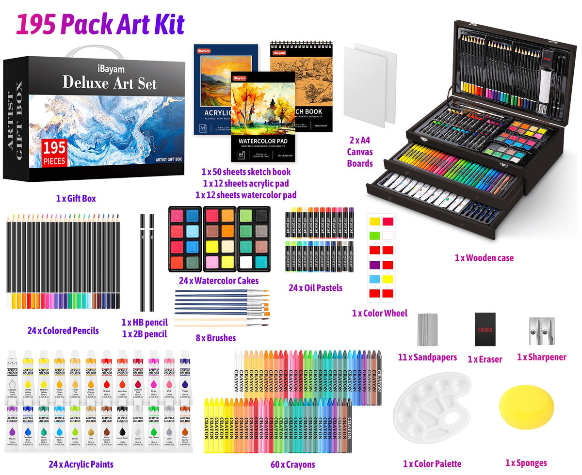 iBayam Art Set,195-Pack Arts and Crafts for Kids Ages 8-12, Deluxe Gift Box