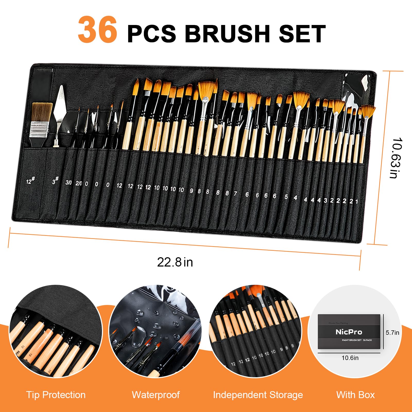 Nicpro 36pcs Paint Brush Set for Acrylic Painting,Oil, Watercolor (Wood)