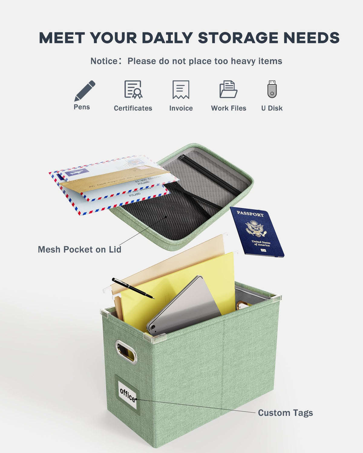 Oterri File Organizer Box with Lid, Hanging Filing File Box with Mesh Pocket, Document Organizer