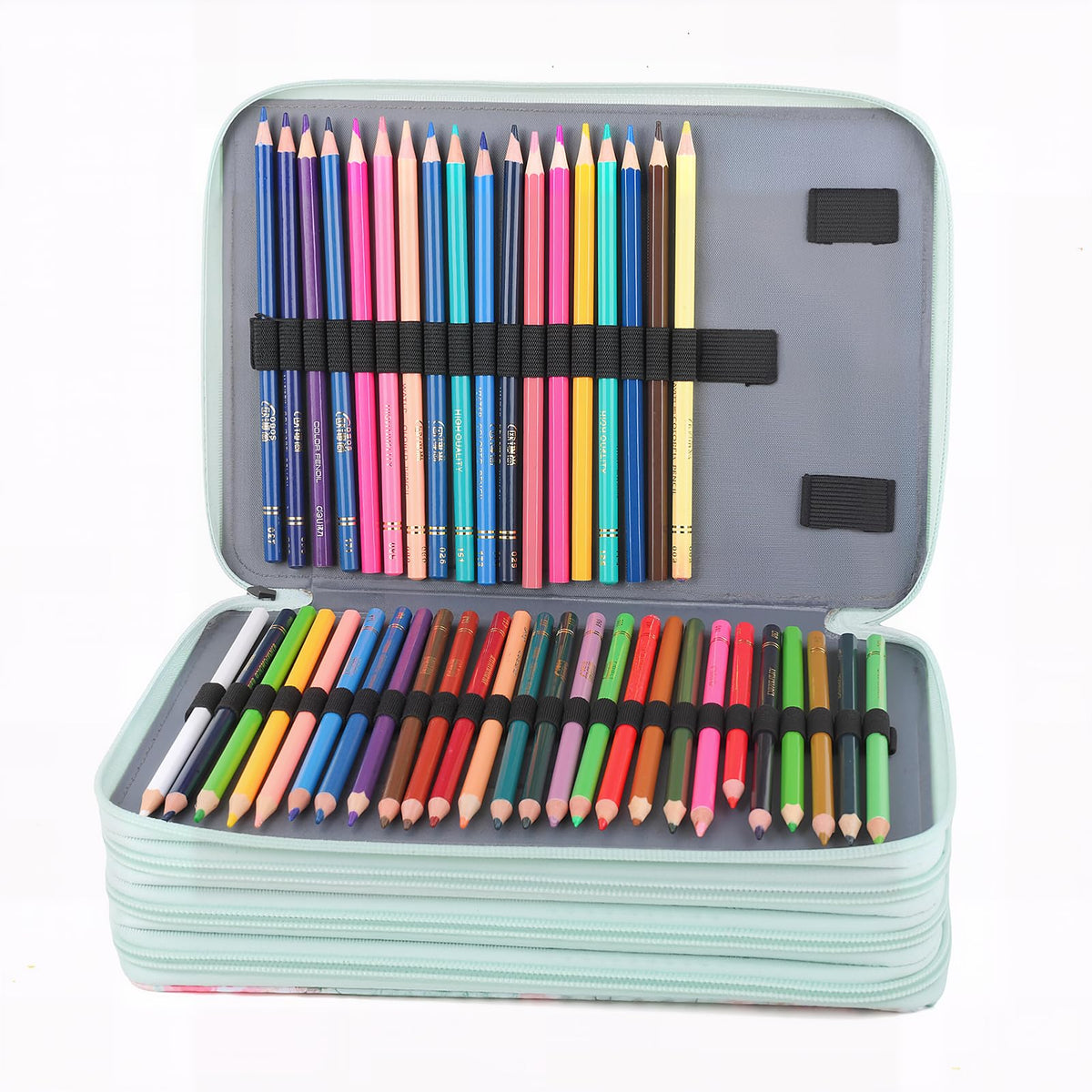 Vomgomfom 200 Slots Pencil Case 4-Layer PU Leather, Handle, Green Rose