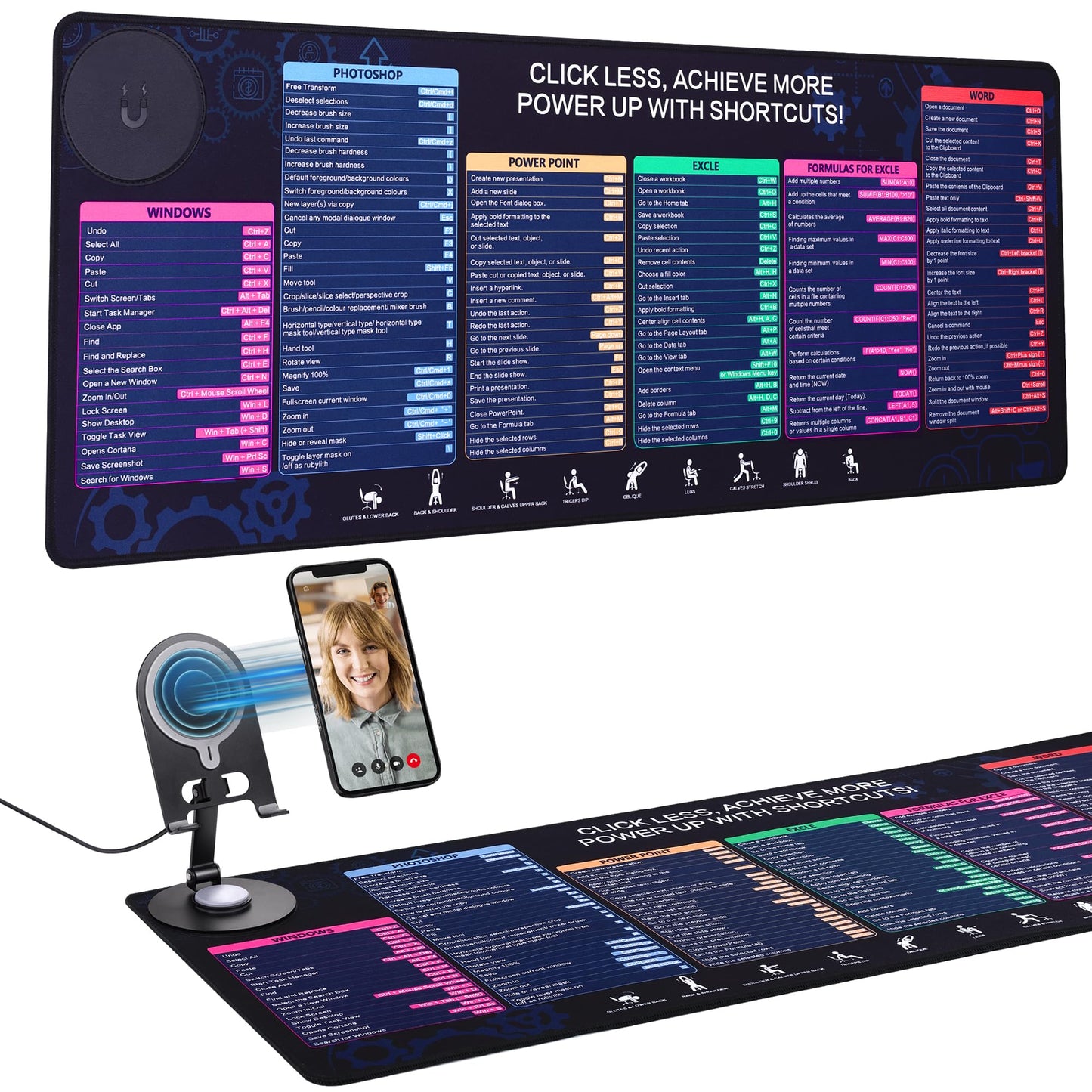 Office Pro Shortcuts Mouse Pad with Magnetic Wireless Charger & Holder Large Desk Mat with Keyboard