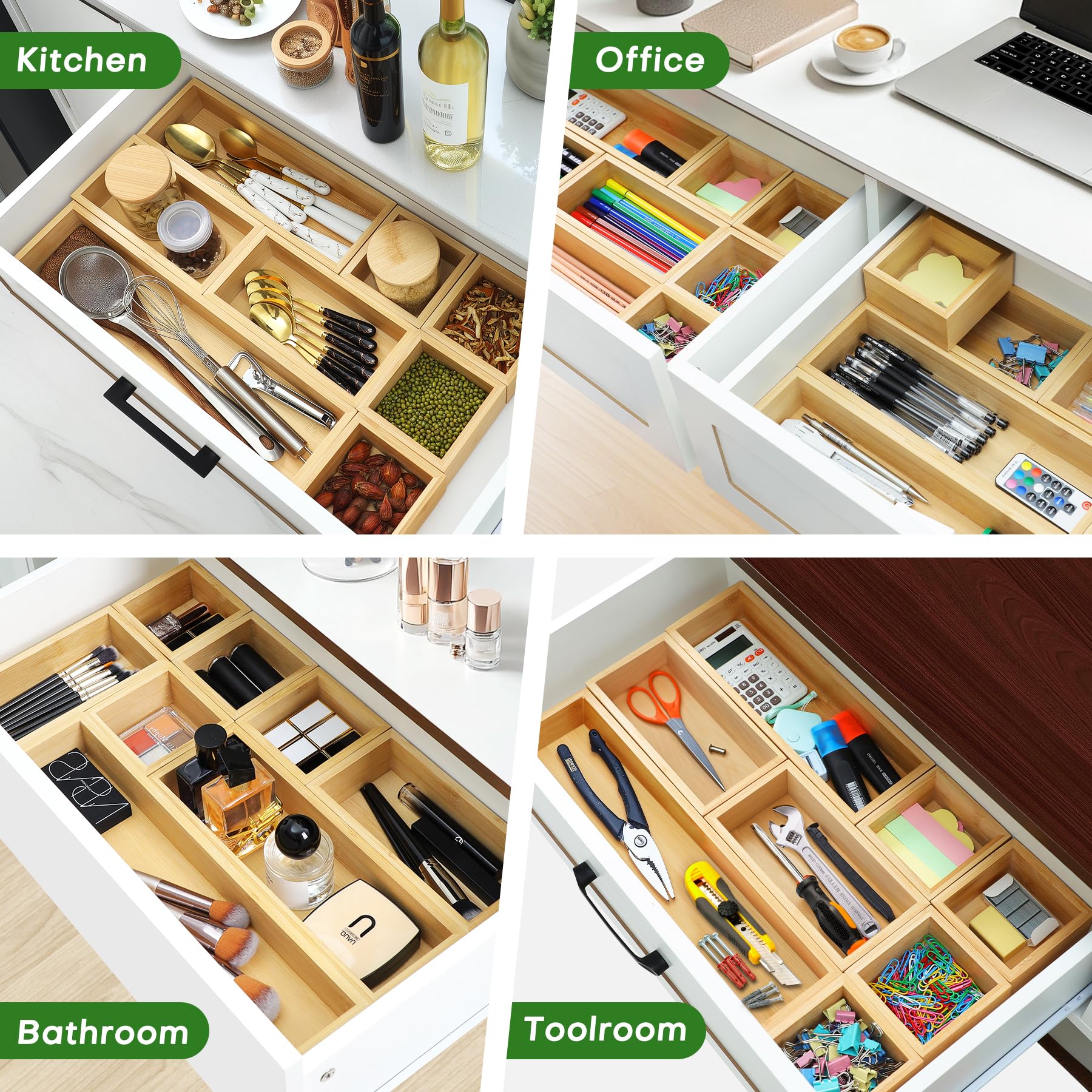 MapleGrace Bamboo Drawer Organizer Set, 9 PCS Wood Storage Organizers
