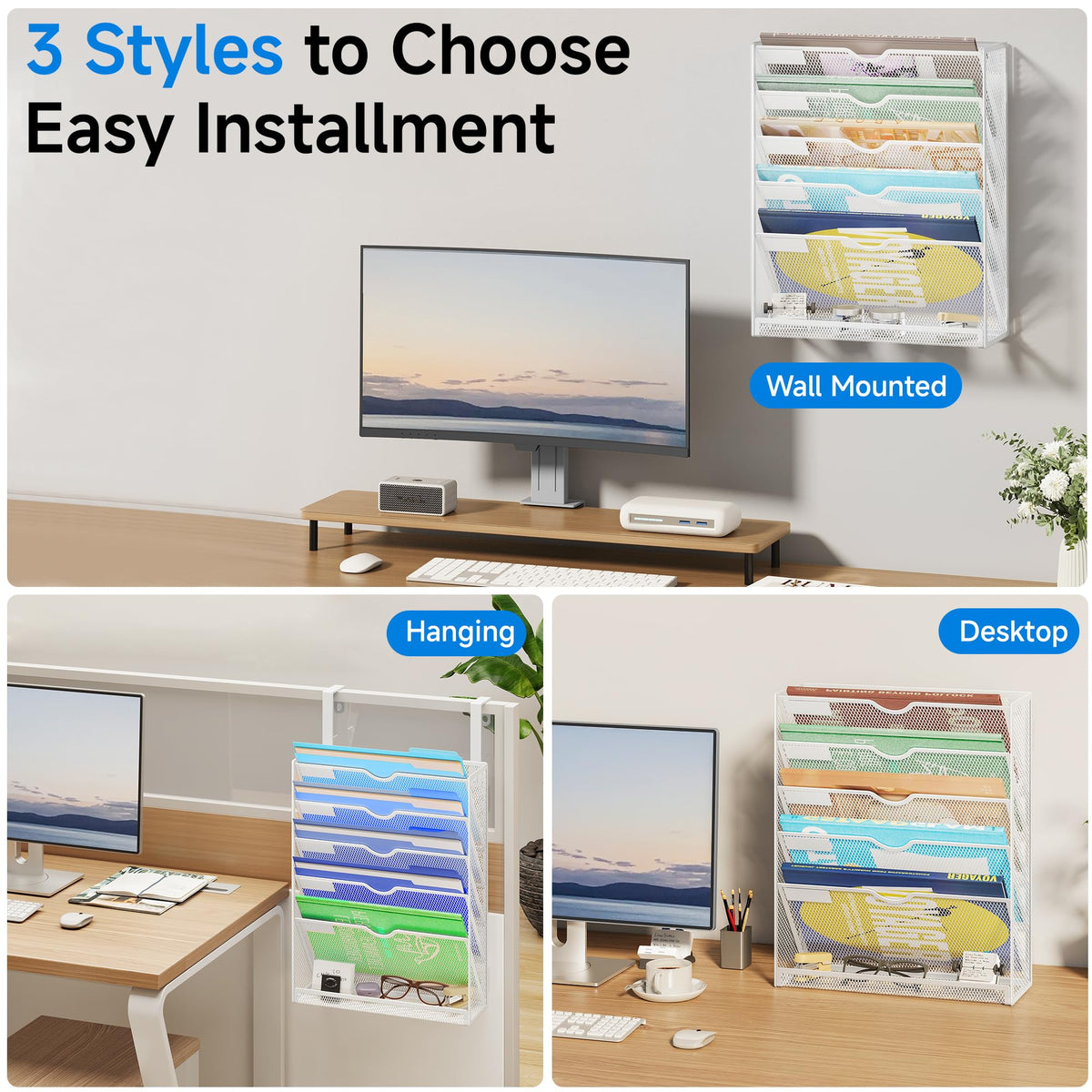 Lavatino 6-Tier Hanging File Organizer with Hooks – No Installation Needed, Wall-Mounted File &