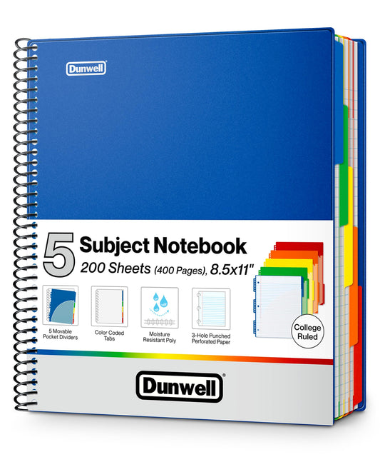 Dunwell 5-Subject Spiral Notebook 8.5x11, College Ruled, 200 Sheets, Blue