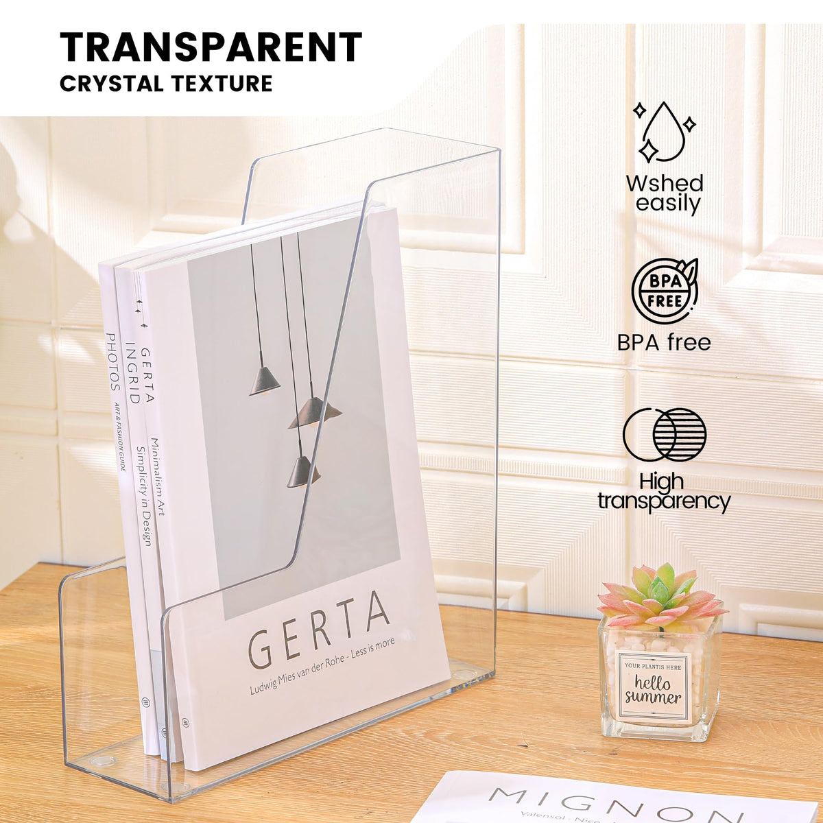 CiWiVOKi Vertical File Holder, Clear PET Desk Organizer and Storage Bins Holding for Magazines