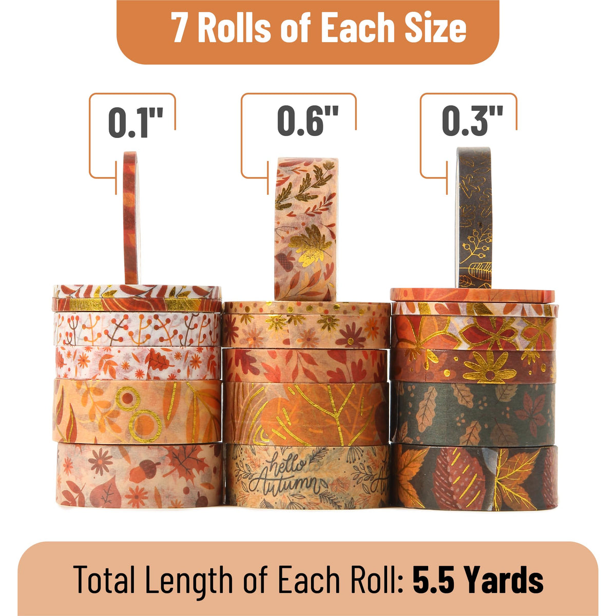 Mr. Pen- Washi Tape Set, 21 Rolls, Assorted Sizes, Autumn Leaves