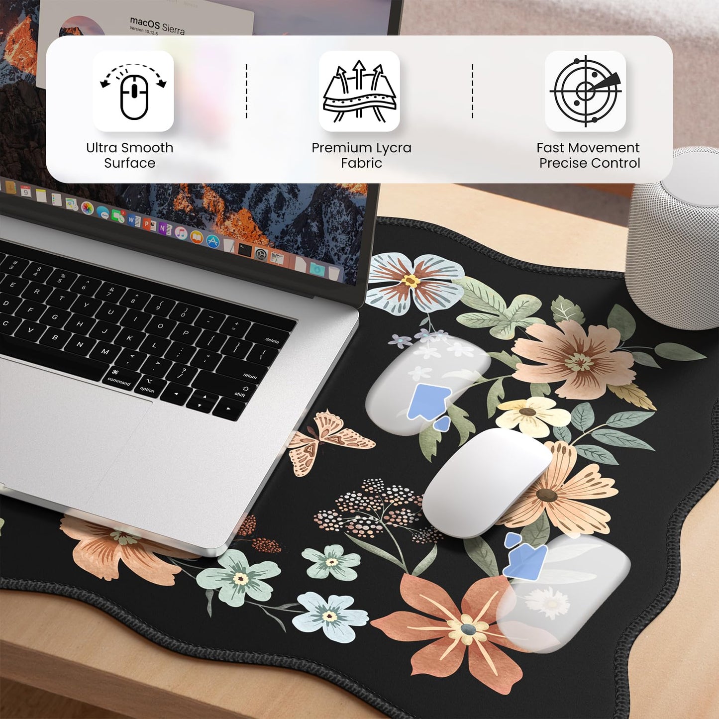 HAOCOO Scalloped Desk Mat for Keyboard, Floral Mouse Pad(Black)
