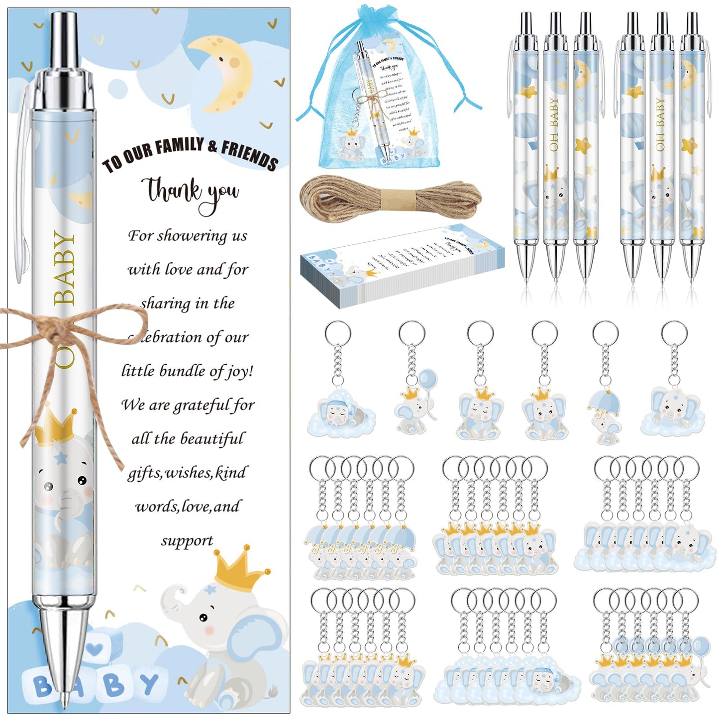 EYNDYN 145 Pieces Baby Shower Favors for Guest Blue Elephant Ballpoint Pens and Keychains Gifts for