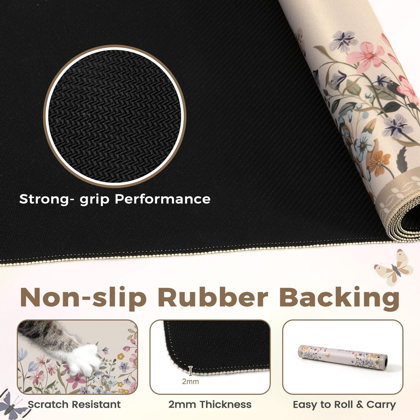 HAOCOO Beige Floral Desk Pad, Large Keyboard Mat Stitched Edge Surface