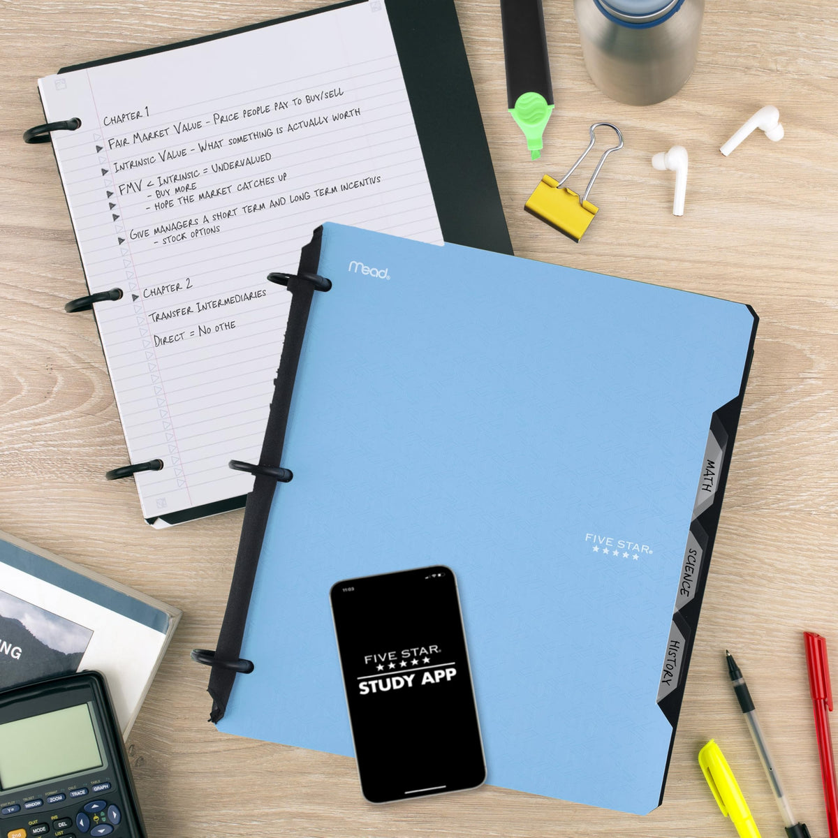 Five Star Flex Refillable Notebook + Study App, College Ruled Paper and 1 Inch TechLock Ring Binder