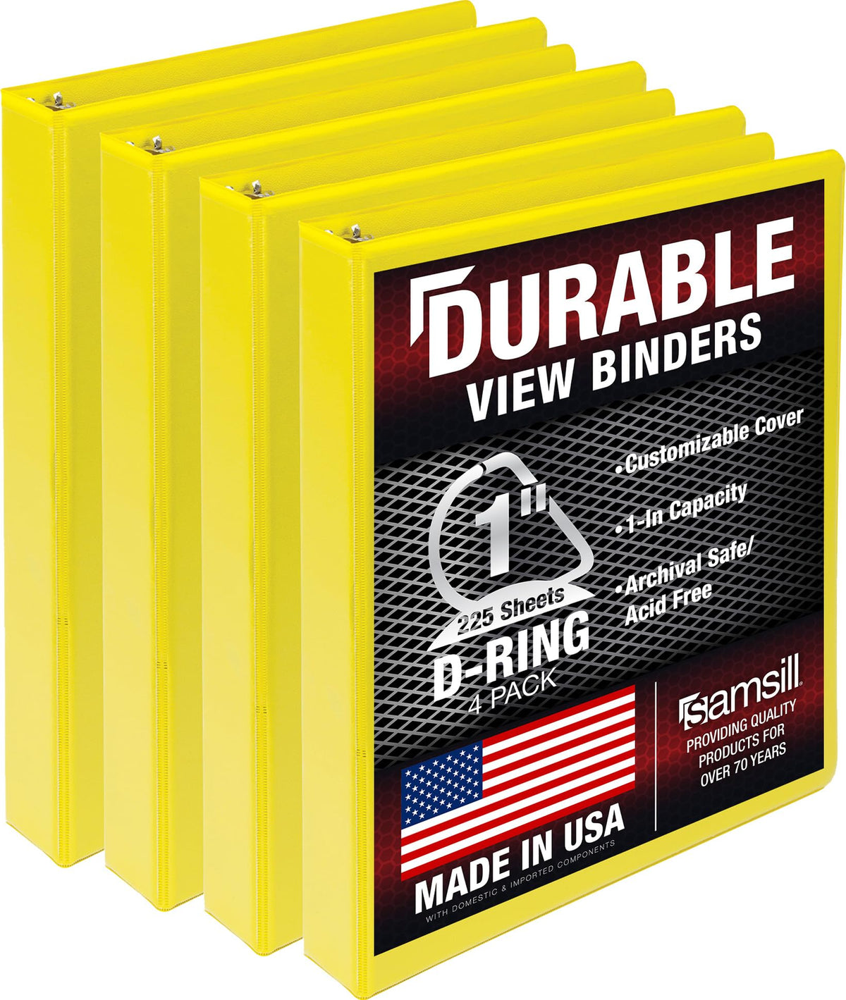Samsill Durable 1 inch 3 Ring Binder, D Ring Binder, 100% Recycled Chipboard, Yellow, 4 Pack