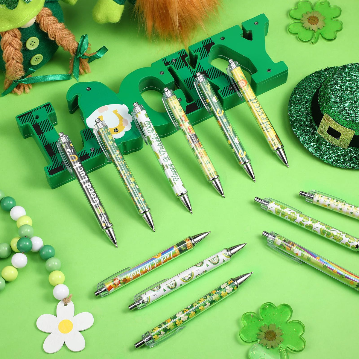 Cholemy 48 Pieces St. Patrick's Day Pens Bulk Lucky Shamrock Ballpoint Pen Retractable Irish Green