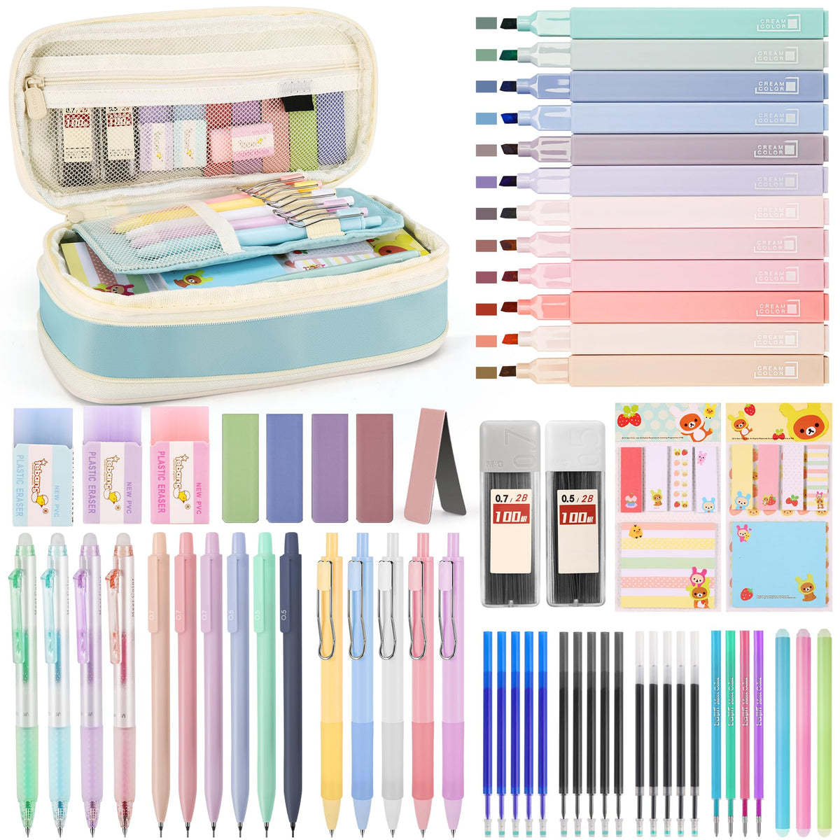 DazSpirit 62PCS Aesthetic Stationery Set with Foldable Pencil Case, Blue