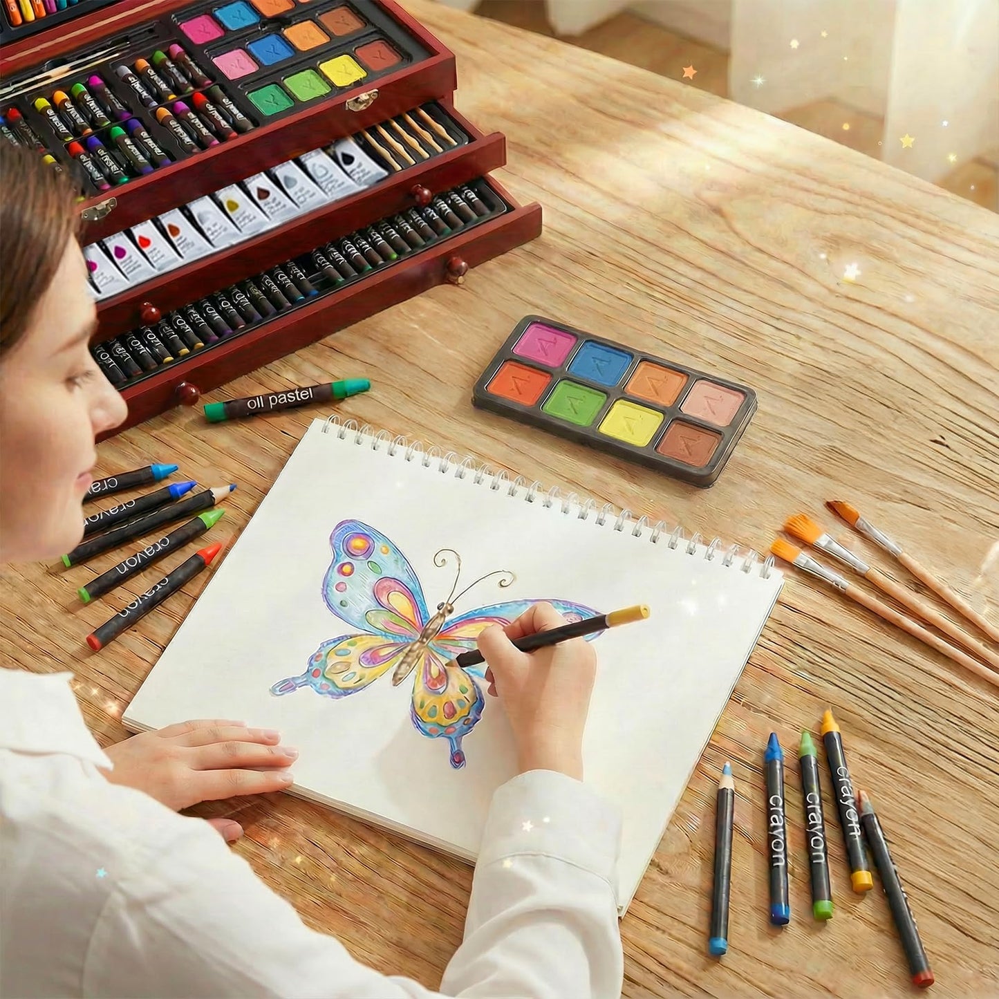 COOL BANK Wooden Deluxe Art Set with Acrylic Paints Colored Pencils & Drawing Pads, Holiday