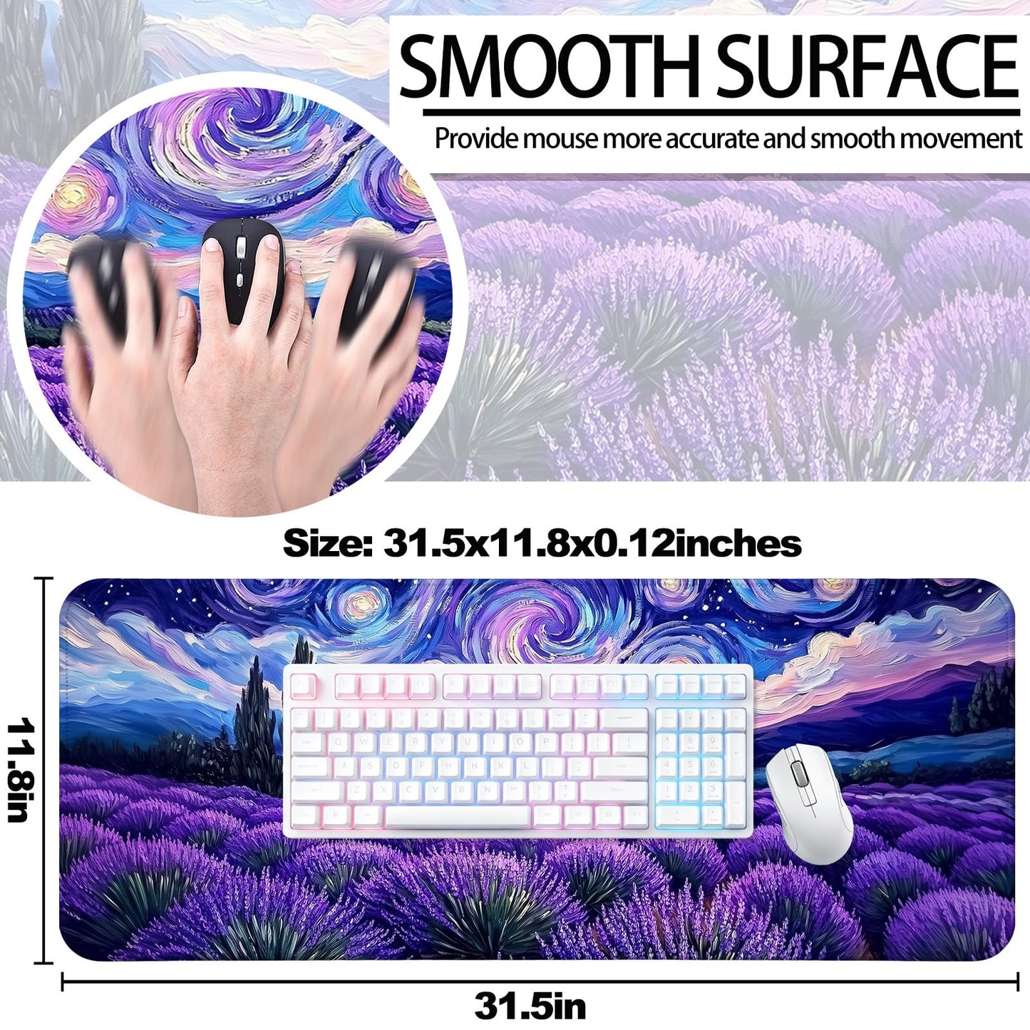 JIANG100 Starry Night Lavender Field Gaming Desk Mat & Extended Mouse Pad