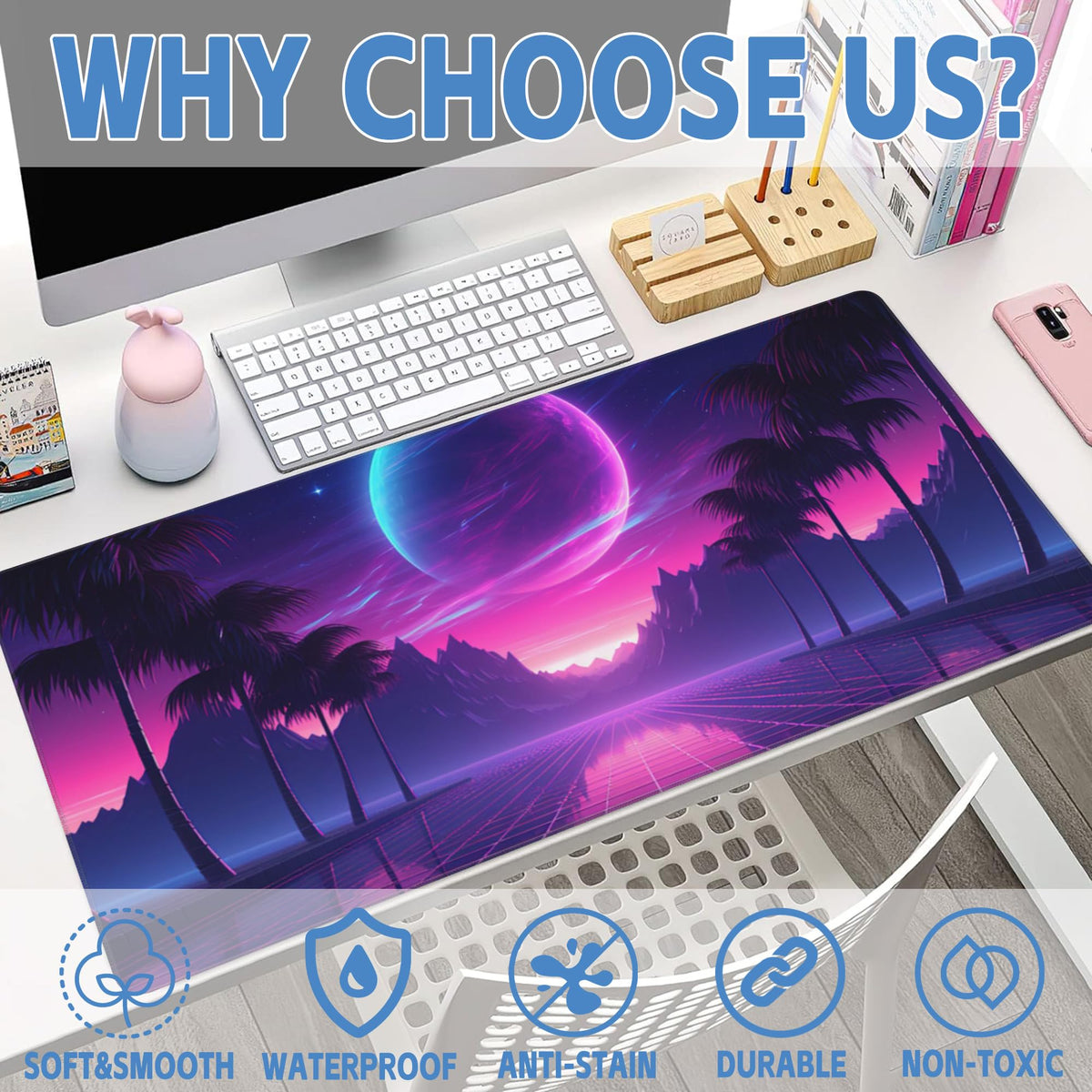 Large Gaming Mouse Pad for Desk,Cool Retrowave Landscape Desk Mat,Science Fiction Scene Desk Pad