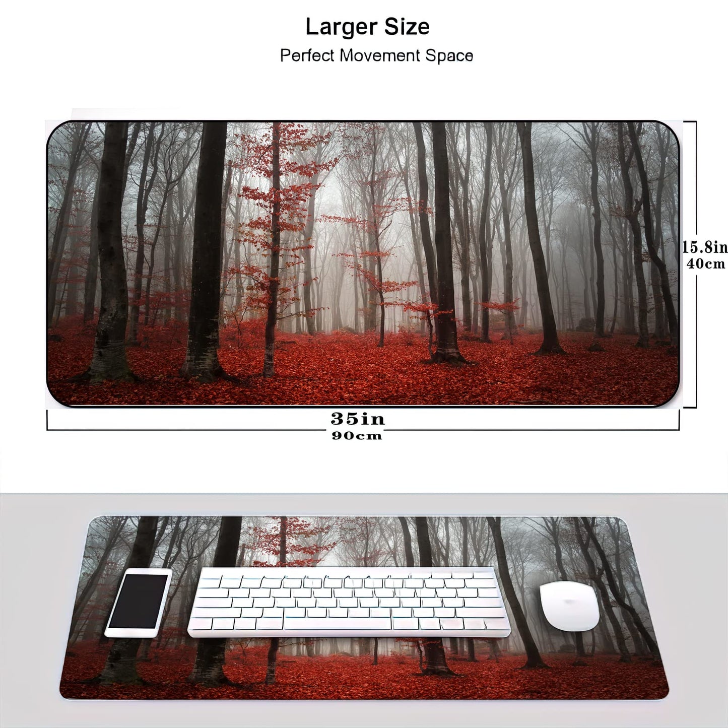 ZTHLL Desk Mat,Beautiful Autumn Foggy Forest Gaming Mouse Pad,XXL Extended Mouse Pad Mat for