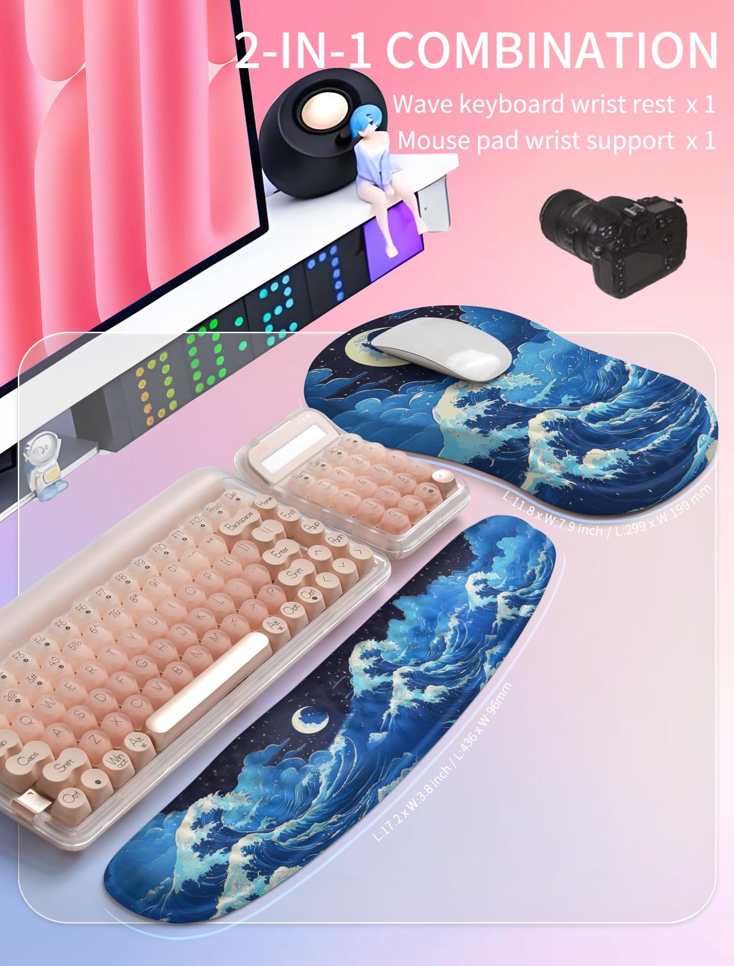 Hokafenle 2in1 Combination, Wave Keyboard Wrist Rest and Ergonomic Curvature Mouse Pad Wrist